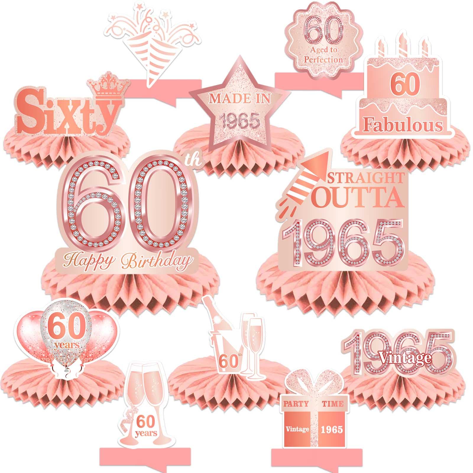 60th Birthday Rose Gold Honeycomb Centerpieces & Balloons – Elegant Table Decorations for Women, Girls, Sweet Princess Theme Party Supplies | Perfect for Milestone Celebrations, Retirement Parties & Anniversary Decor