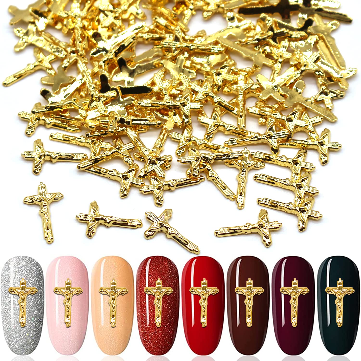 SILPECWEE 100 Pieces Gold Cross Nail Charms - 3D Metallic Nail Art Jewels for DIY Nail Decoration & Crafting - Perfect for Acrylic Nails, Gel Polish, Manicures and Nail Art Designs