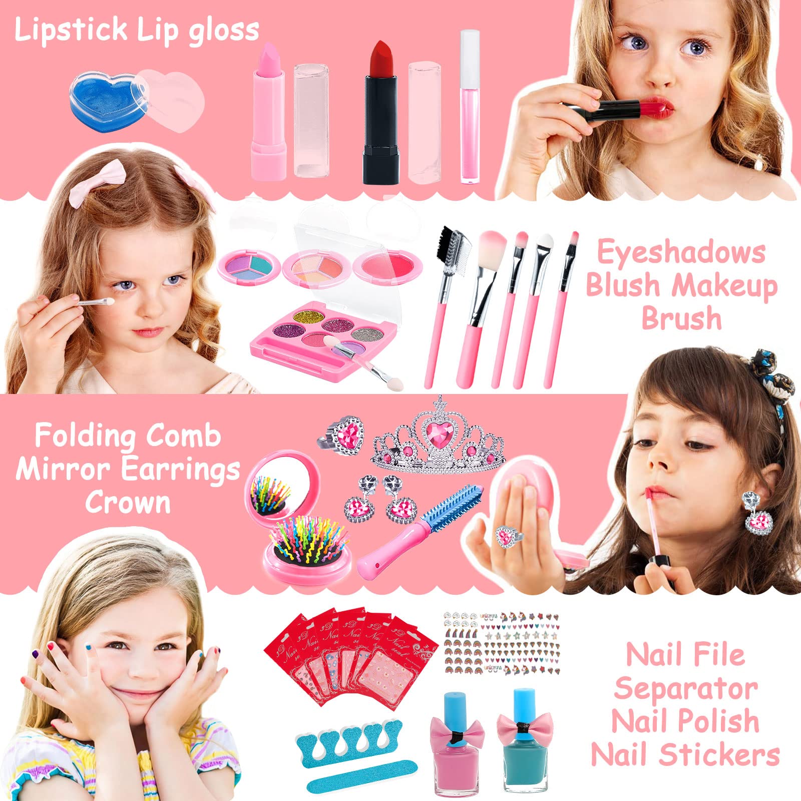 McNory 33-Piece Washable Makeup Kit for Girls - Safe & Non-Toxic Princess Toy for Ages 5-7+ | Birthday & Dress-Up Play