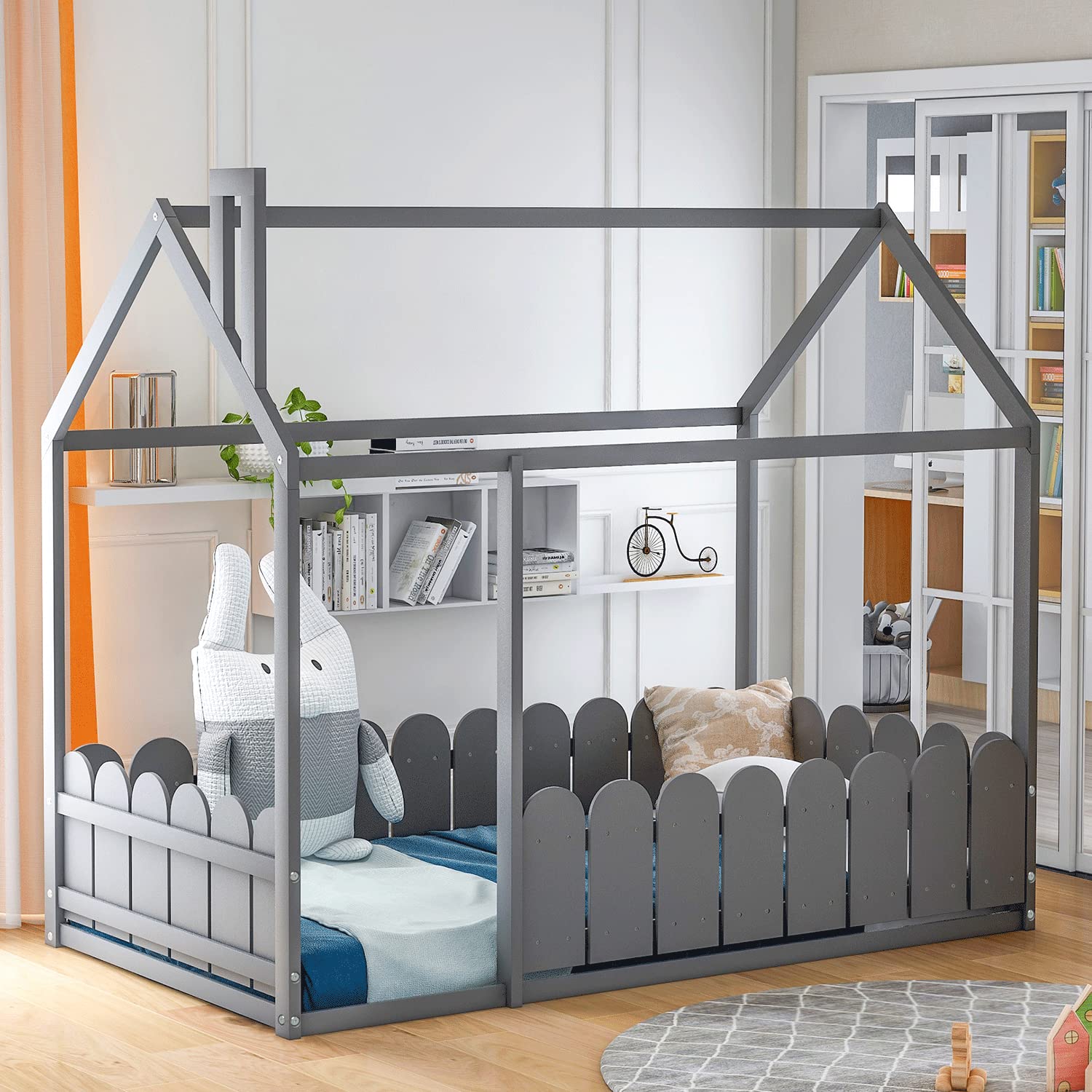 Twin Size Wooden House Bed Frame with Safety Fence for Kids & Teens - Sturdy Toddler Bed for Boys & Girls (Gray, Slats Not Included) - Perfect for Nursery, Bedroom & Playroom Decor