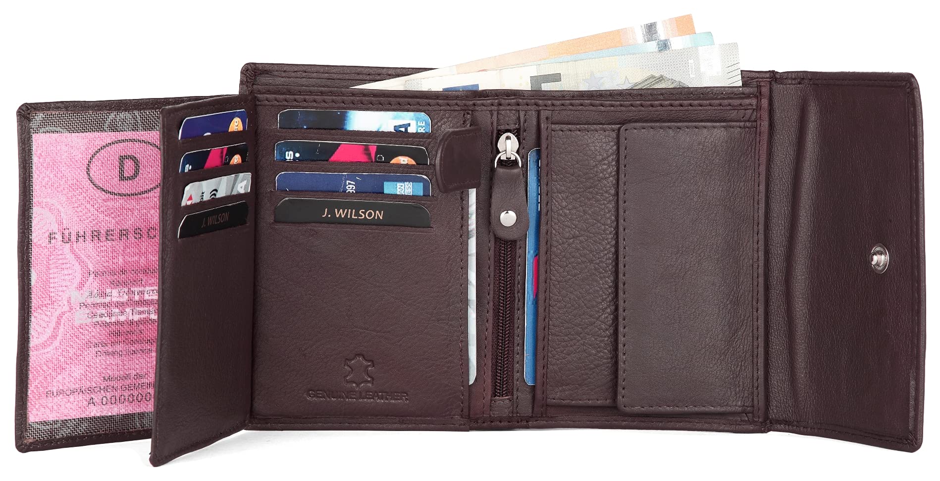 J. Wilson London Women's RFID Blocking Leather Wallet with Zip Pocket - Stylish Designer Purse for Credit Cards & Cash - Perfect for Travel, Shopping & Everyday Use (Brown)