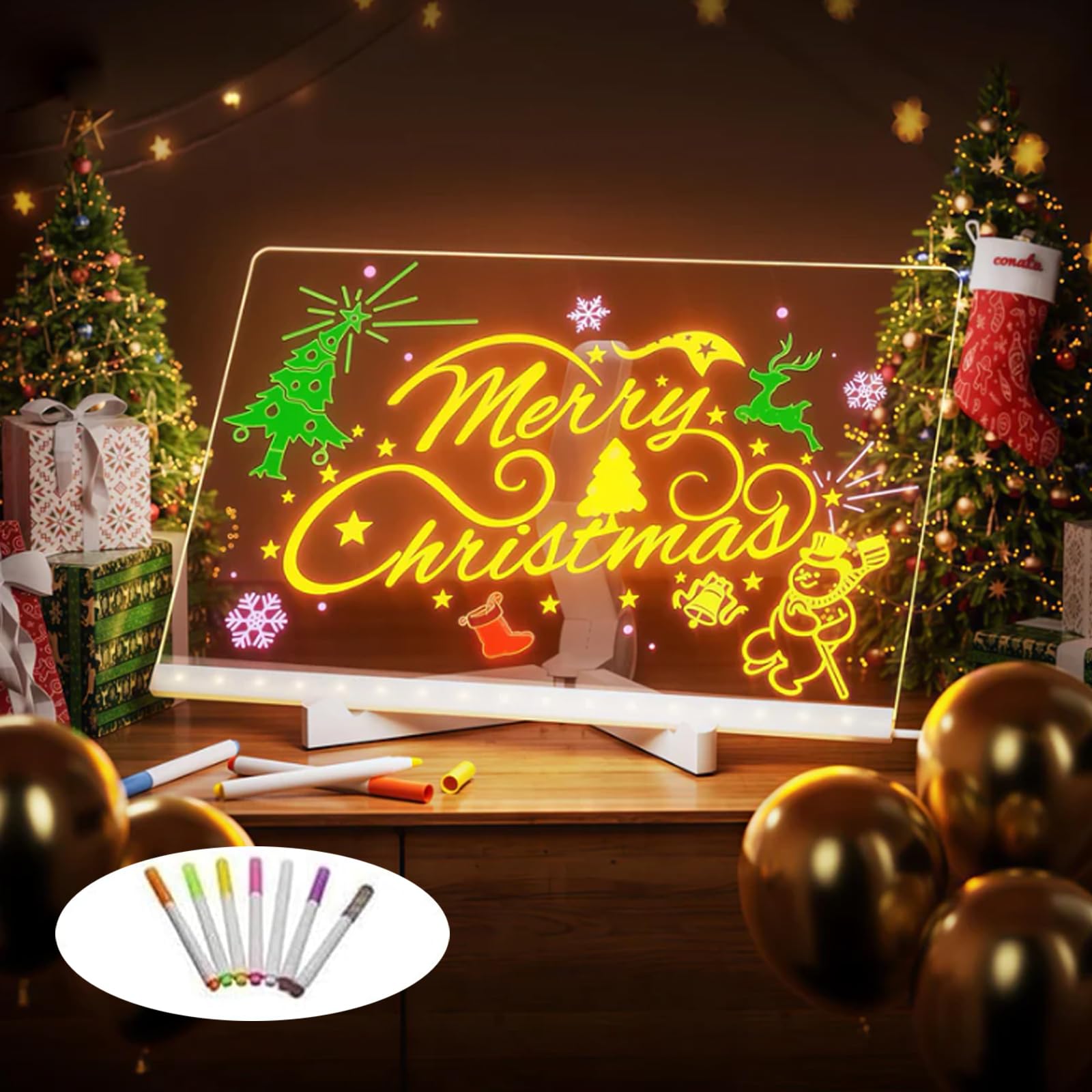 GlowBoard - LED Light-Up Writing & Drawing Board with 7 Color Pens, Reusable Acrylic Message Board for Kids & Adults (7.9 x 11.8 Inch) - Perfect for Home, Office, Classroom, Parties & Creative Gift Giving