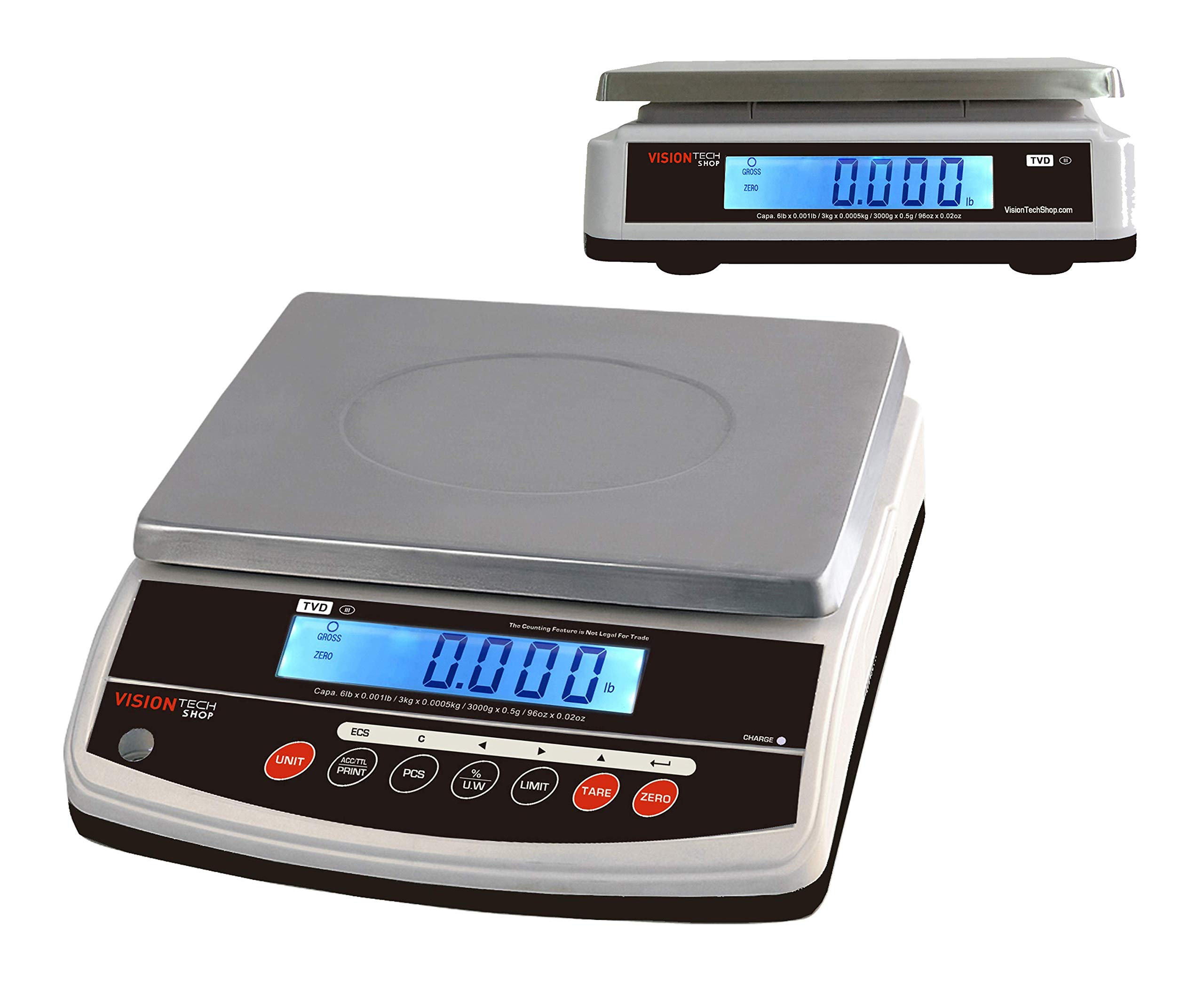 TVD-6D Digital Bench Scale - 6lb Capacity, 0.001lb Precision, Lb/Oz/Kg/g Units - NTEP Legal for Trade (CC#20-032) - Counting & Percentage Modes, Dual Display - Perfect for Kitchen, Lab, and Retail Use