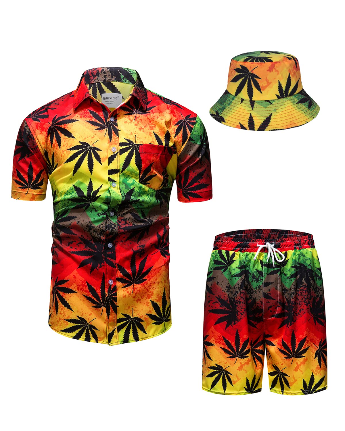 **TUNEVUSE Men's Hawaiian Shirts and Shorts Set - 2-Piece Tropical Beach Outfit with Floral Print & Bucket Hat for Summer Vacation, Luau Party, and Casual Wear**