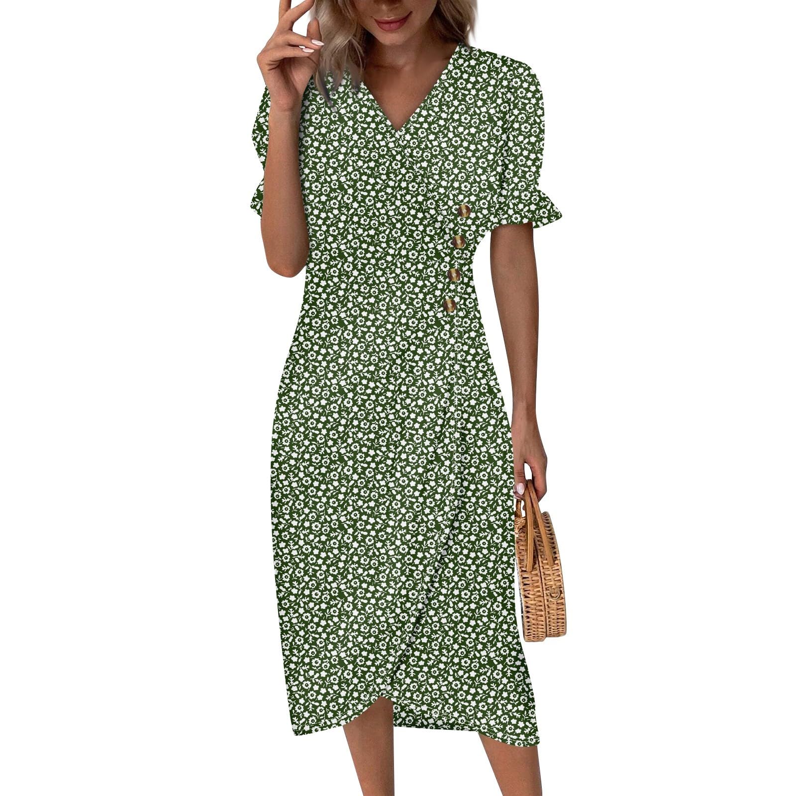 Women's Printed Ruffle Hem V-Neck Midi Dress - Short Sleeve Summer & Spring Elegant Dress 2024 | Casual Outing, Date Night, Office Wear
