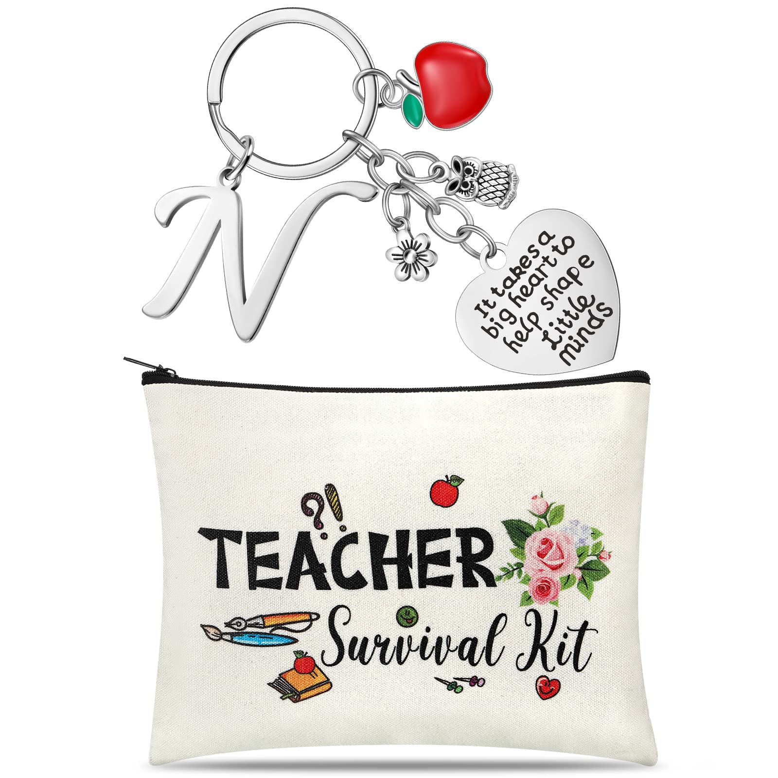 Personalized Teacher Appreciation Gift Set - Custom Initial Keychain & Thank You Makeup Pouch Bag (N Style) - Perfect for Teacher's Day, End of Year Gifts & Educator Thank You Presents