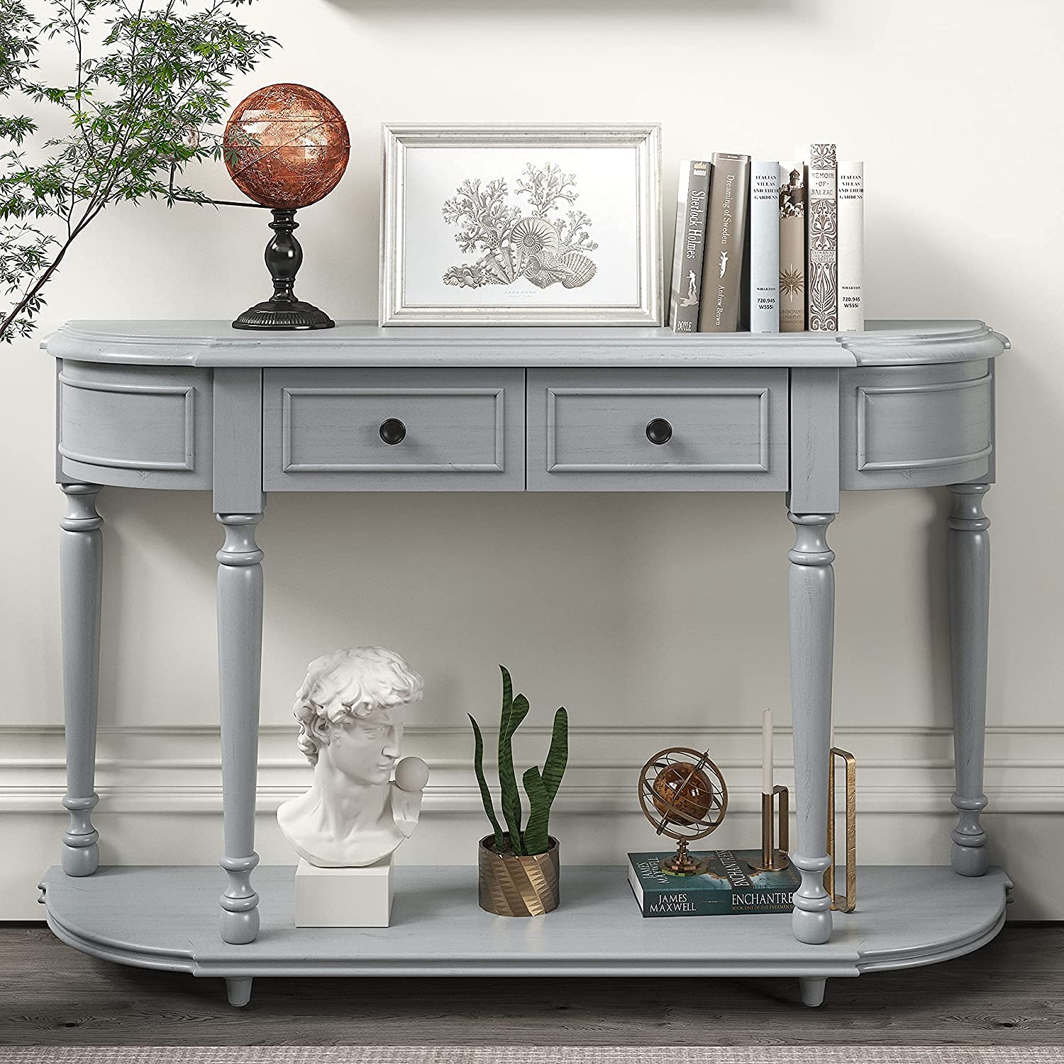 Vintage Round Curved Console Table - Solid Wood Sofa Table with 2 Drawers & Open Shelf | Entryway Table, Hallway Sideboard, Living Room Storage Cabinet | Perfect for Small Spaces, Apartments & Cozy Home Decor (Gray)