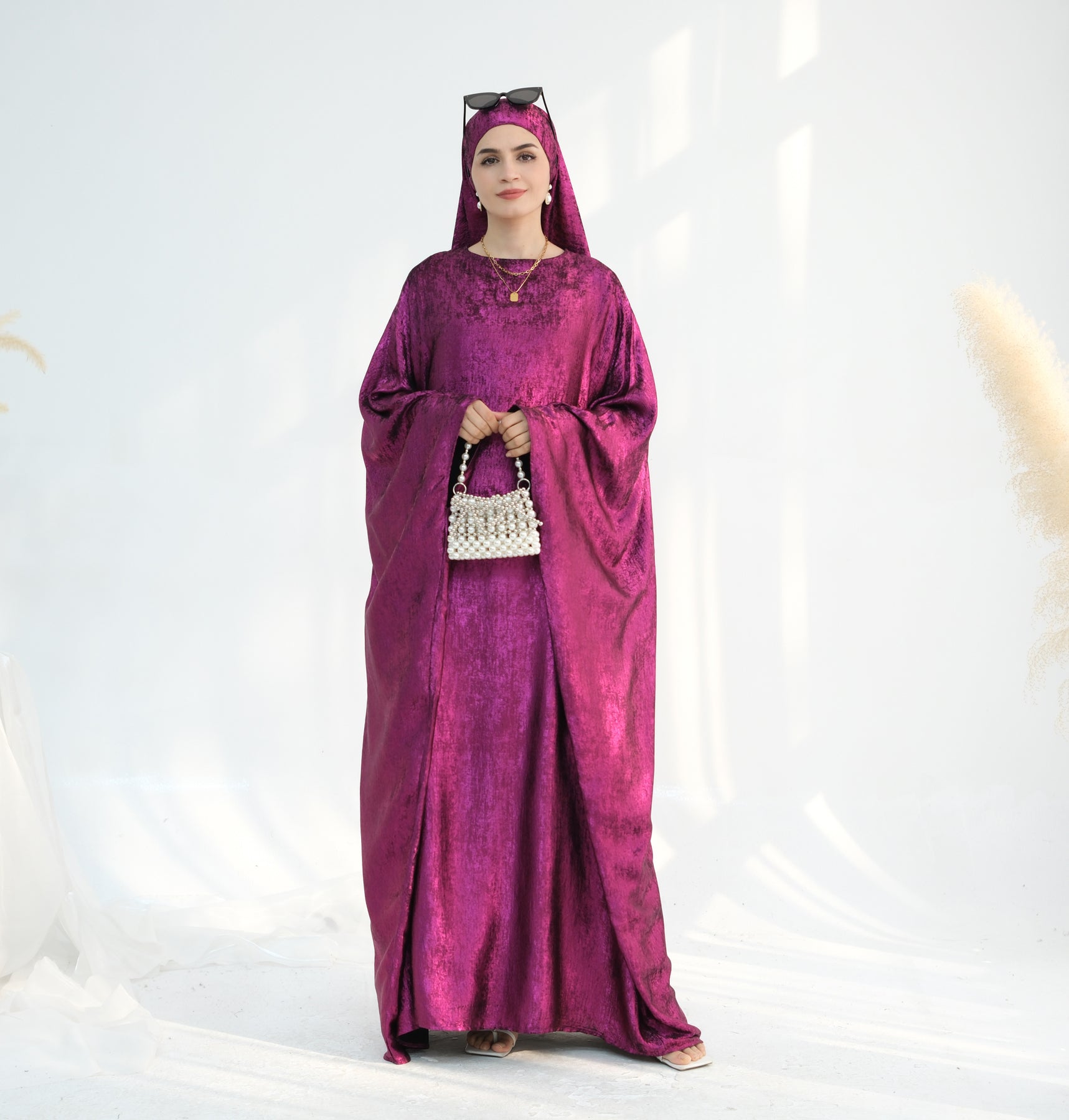 Linora Shimmer Butterfly Abaya - Elegant Magenta Islamic Dress for Women | Perfect for Eid, Prayer, and Special Occasions