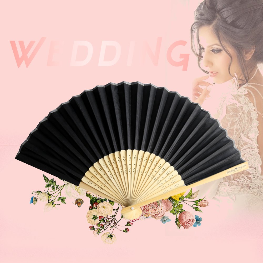 50pcs Black Silk Bamboo Handheld Folding Fans - Elegant Wedding Favors, Bridal Shower Gifts with Laser-Cut Gift Box - Perfect for Asian Weddings, Tea Ceremonies, Cultural Events & Summer Cooling Accessories