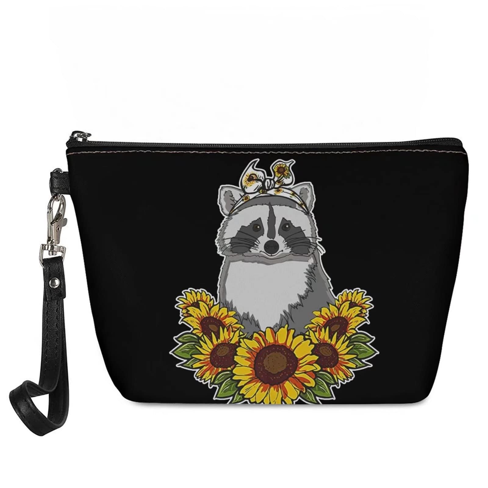 INSTANTARTS Sunflower Raccoon Print PU Waterproof Makeup Bag - Portable Cosmetic Pouch with Zipper for Women & Girls | Travel Organizer, Beauty Storage, Gift Idea