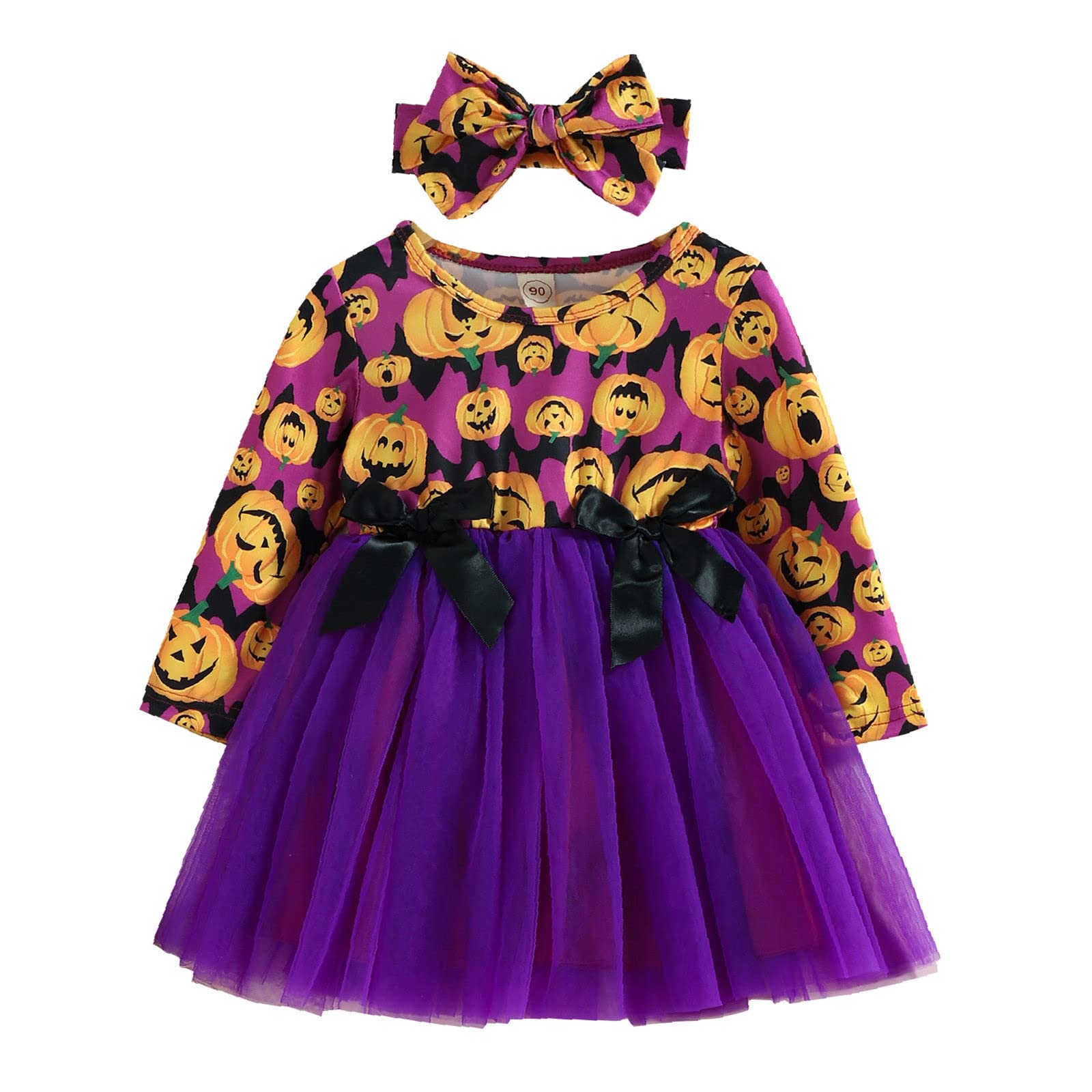 PATOPO Toddler Girls Halloween Long Sleeve Princess Dress with Cartoon Print & Bowknot - Tulle Party Dress & Headband Set for Birthday, Christmas, Photo Shoot & Special Occasions