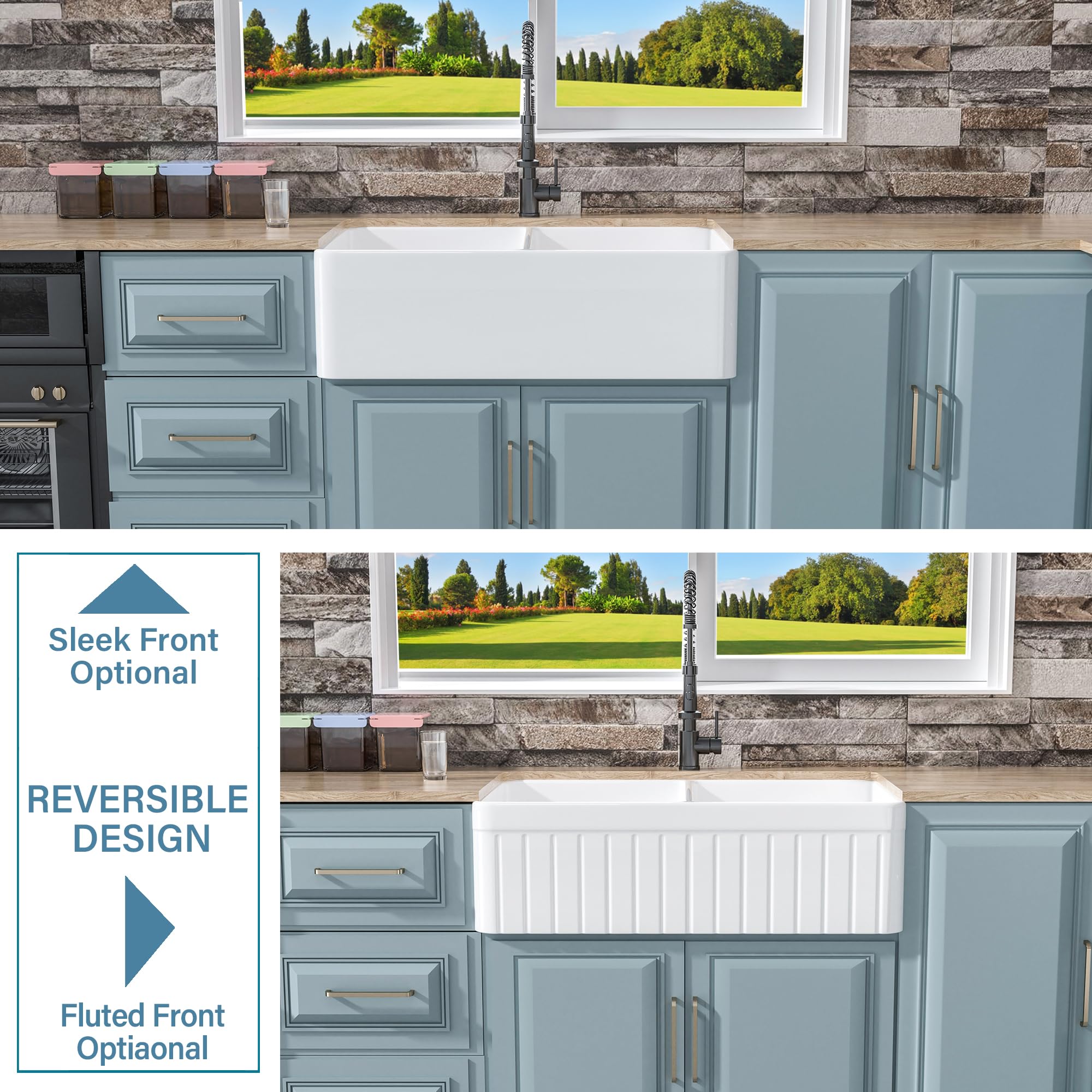 Premium 33 x 18 Inch White Farmhouse Sink Double Bowl - Fireclay Apron Front Undermount Kitchen Sink with 2 Accessory Types (Sleek/Fluted Reversible Design) | Pure White Farmhouse Style | Perfect for Rustic Kitchens, Modern Farmhouse Renovations & Chef-Inspired Cooking Spaces