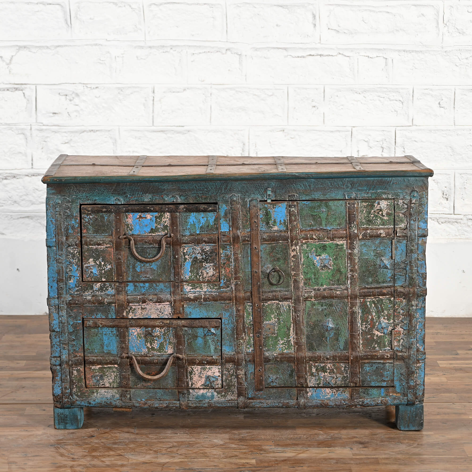 Hand Carved Indian Antique Wooden Sideboard - Unique Colorful Rustic Design for Vintage Home Decor | Perfect for Living Room, Dining Room & Entryway Storage