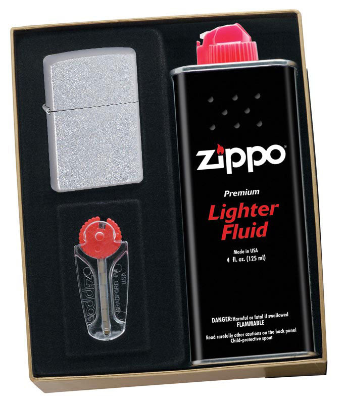 Zippo Satin Chrome Lighter Gift Set - Premium Windproof Refillable Lighter with Fuel & Accessories - Perfect for Camping, Travel & Everyday Carry (EDC)