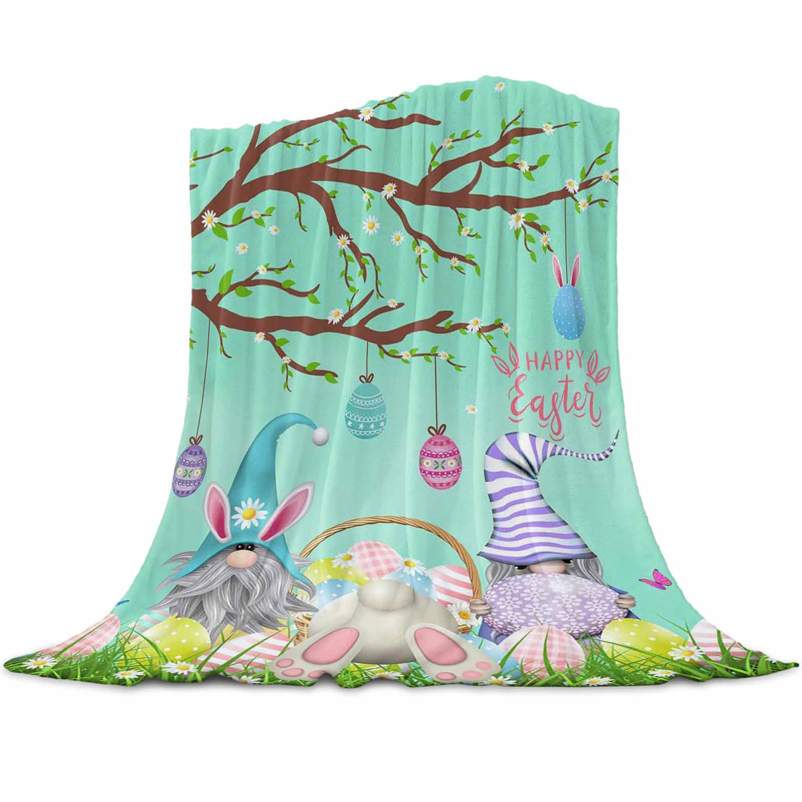 Easter Flannel Throw Blanket - Soft Microfiber Holiday Blanket with Easter Eggs & Gnomes Design, 50x80 Inch - Cozy Comfy Couch Sofa Bed Blanket for Spring Decor, Gift & Indoor Outdoor Use
