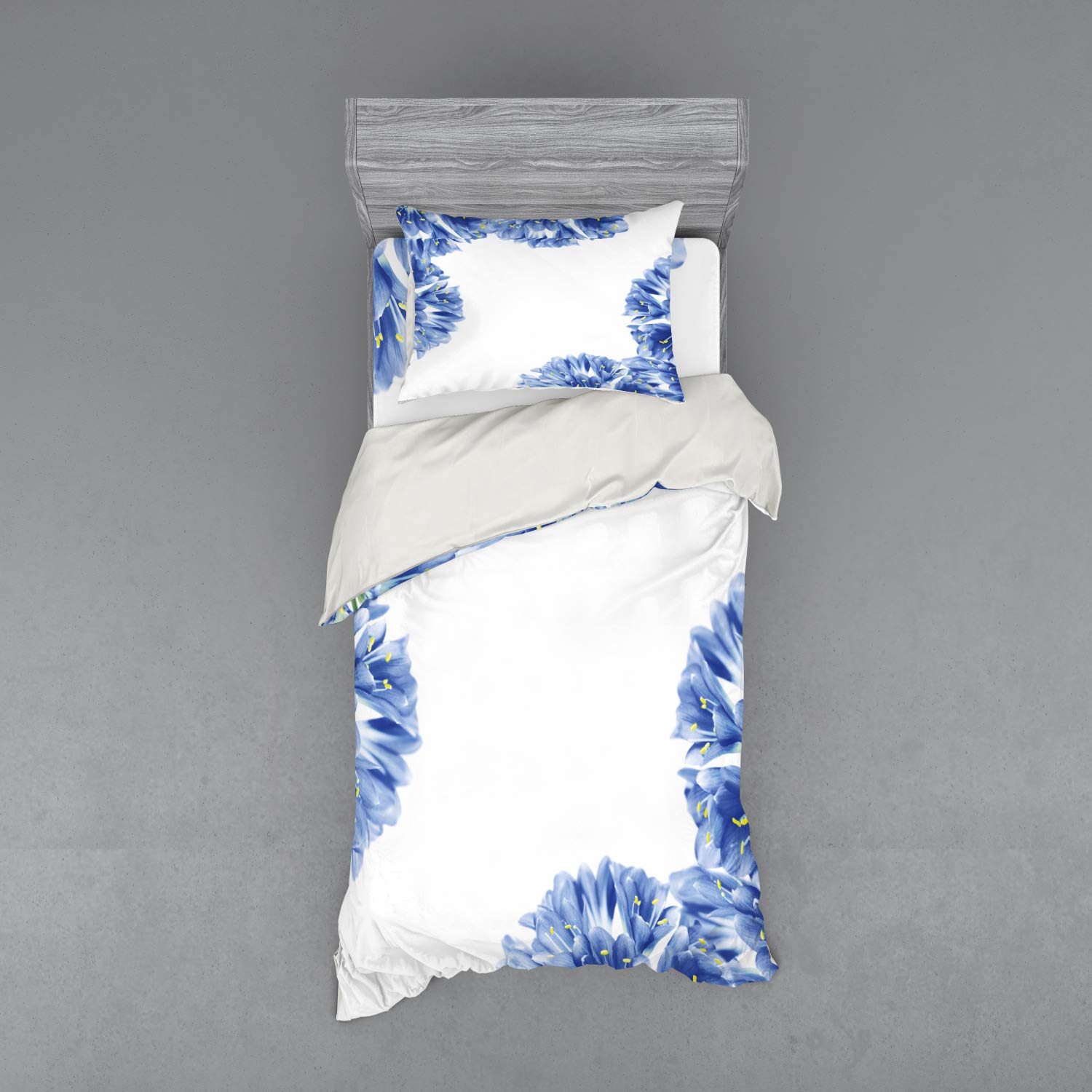Ambesonne Floral Bedding Set - 3 Piece Duvet Cover with Sham & Fitted Sheet, Twin Size, Violet Blue Pale Green White, Fresh Delicate Crocus Petals Border Spring Garden Design | Perfect for Spring Bedroom Decor, Guest Room & Cozy Home Styling