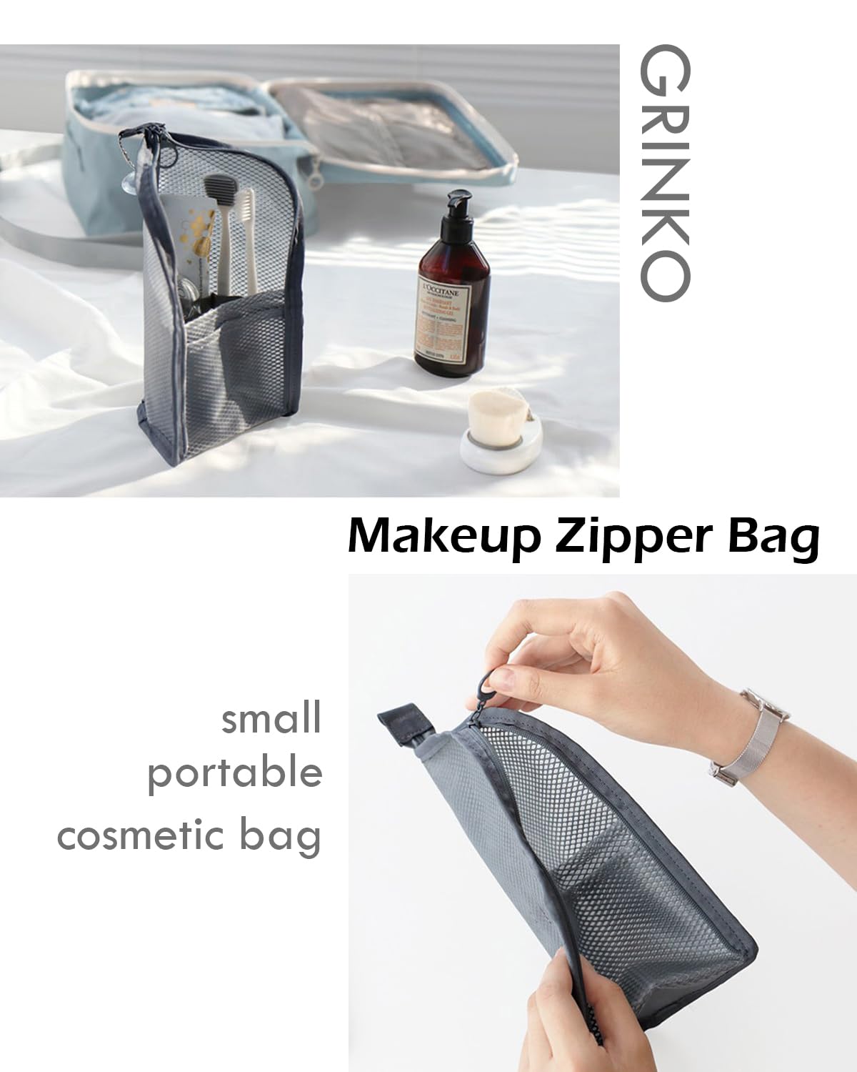 GRINKO Waterproof Makeup Brush Holder & Organizer - Stand-up Mesh Cosmetic Bag with Zipper for Travel, Home & Salon Use - Black Makeup Brush Cup & Toiletry Storage Bag