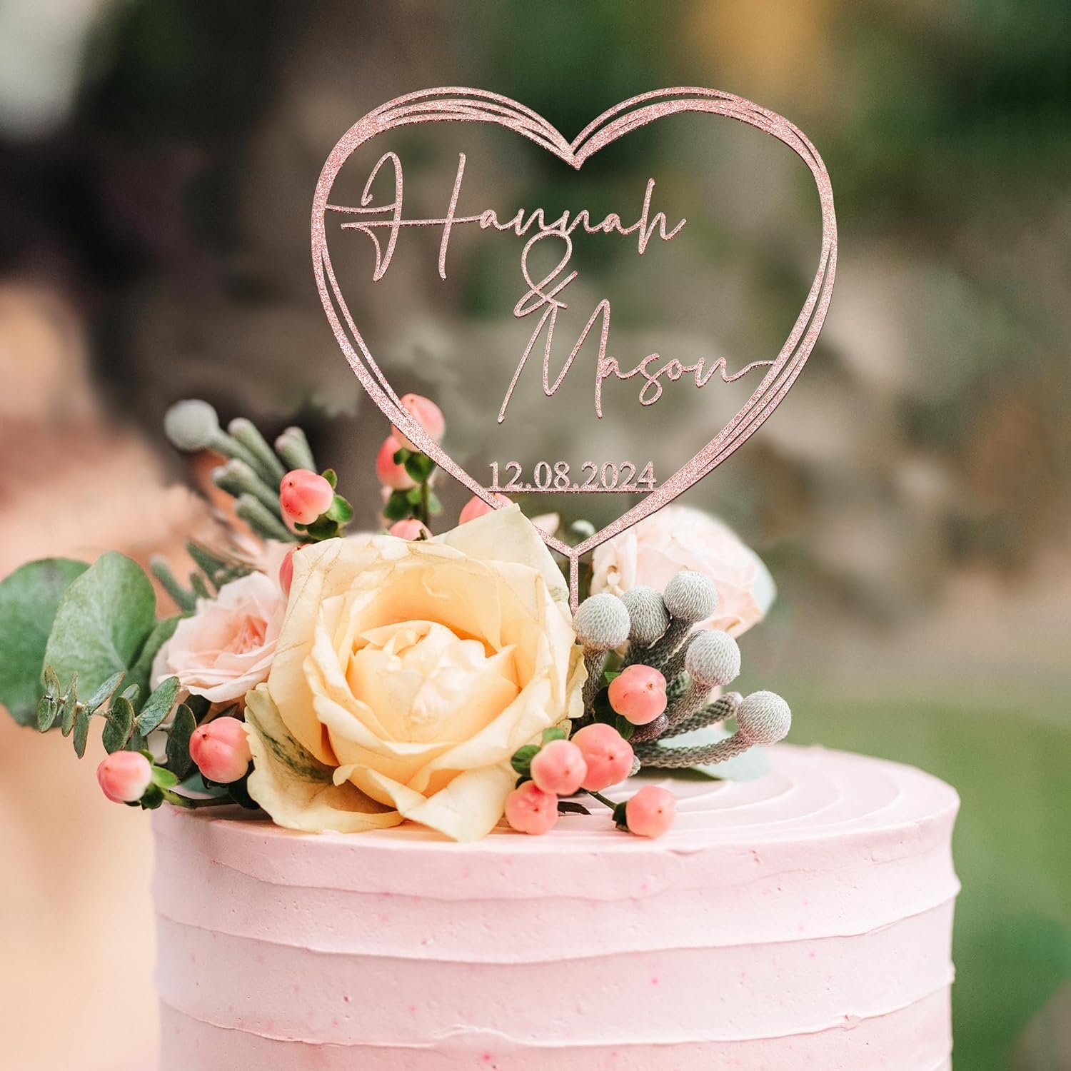 Custom Heart-Shaped Wooden Wedding Cake Toppers - Personalized Love & Anniversary Cake Decorations for Weddings, Anniversaries & Romantic Celebrations - CT06