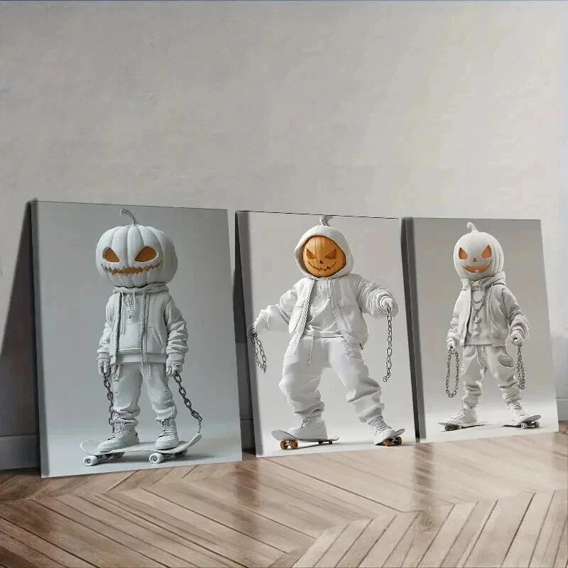 3-Piece Evil Pumpkin Wall Art Set - Framed Canvas 50x70cm (19.7x27.6in) - High Quality Print - 100% Australian Made - Ready to Hang - Perfect for Halloween Decor, Gothic Home Decor & Spooky Room Decor