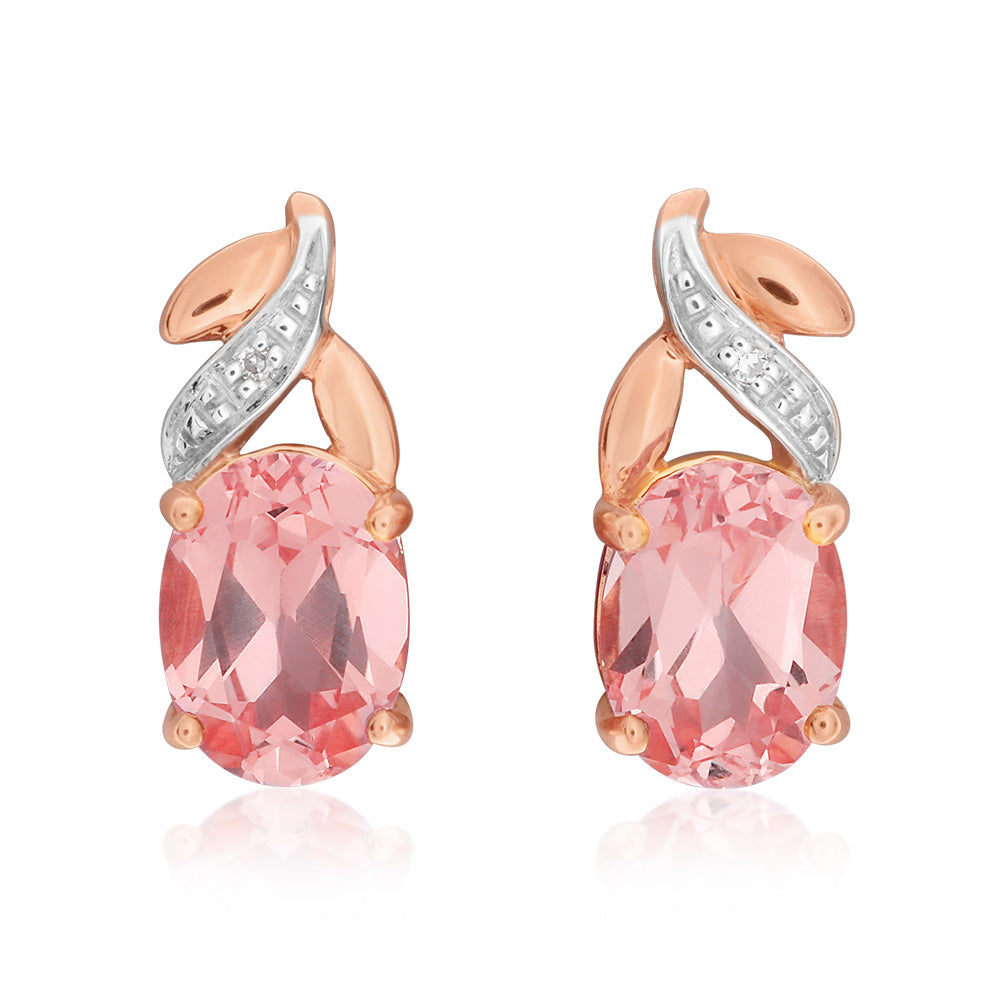 9ct Rose Gold Peach Sapphire & Diamond Stud Earrings for Women - Perfect for Weddings, Parties & Everyday Elegance