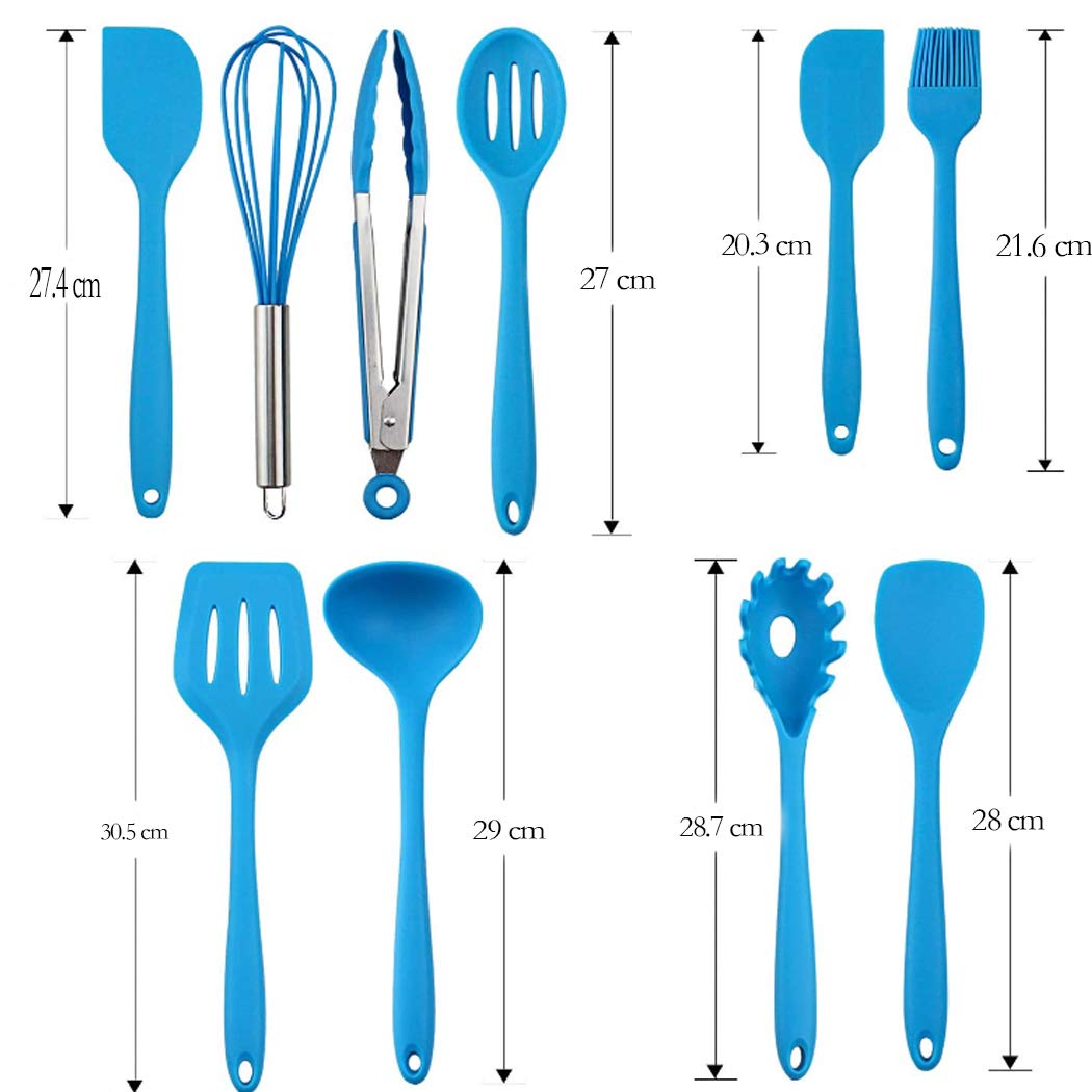 Hoshen 10-Piece Silicone Kitchen Utensil Set - 5 Colors, Non-Stick, Heat-Resistant Spatulas for Cooking & Baking - Perfect for Frying Pans, Pots & Bakeware (Blue)