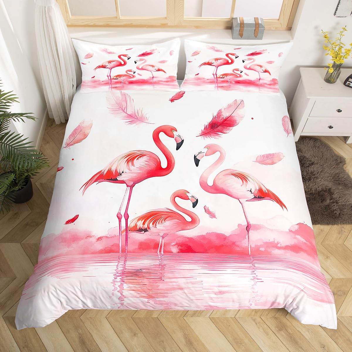 Erosebridal Pink Flamingo Comforter Cover Set - Queen Size Tropical Animal Print Bedding with Floral Design for Couples, Teens & Kids | Perfect for Beach House, Teen Bedroom & Boho Chic Decor