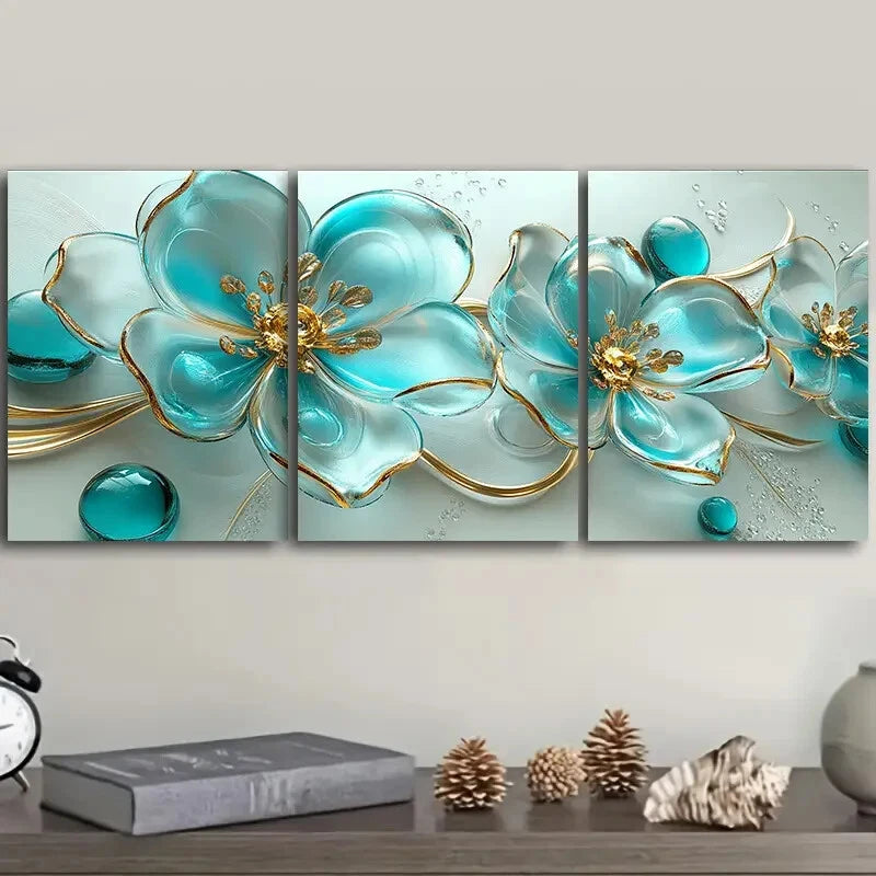 3pcs Turquoise Glass Flowers Metal Print Wall Art - Ready to Hang Home Decor for Living Room, Bedroom & Office