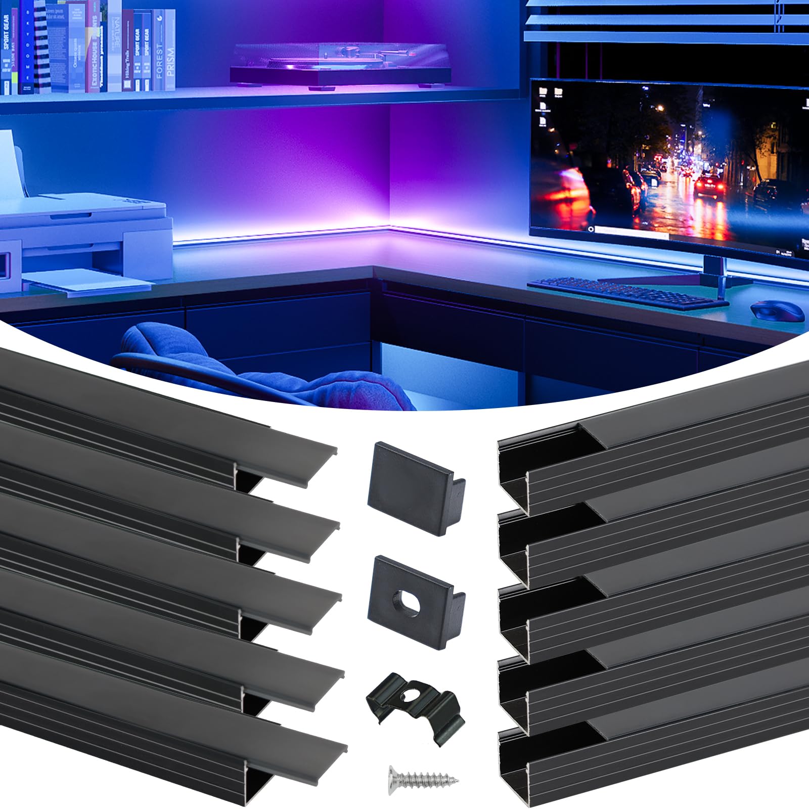 Muzata 10-Pack 6.6FT/2M Black LED Strip Channel with Frosted Diffuser Cover - Aluminum Track for LED Light Strips - Perfect for Home, Kitchen, Cabinet, and Commercial Lighting