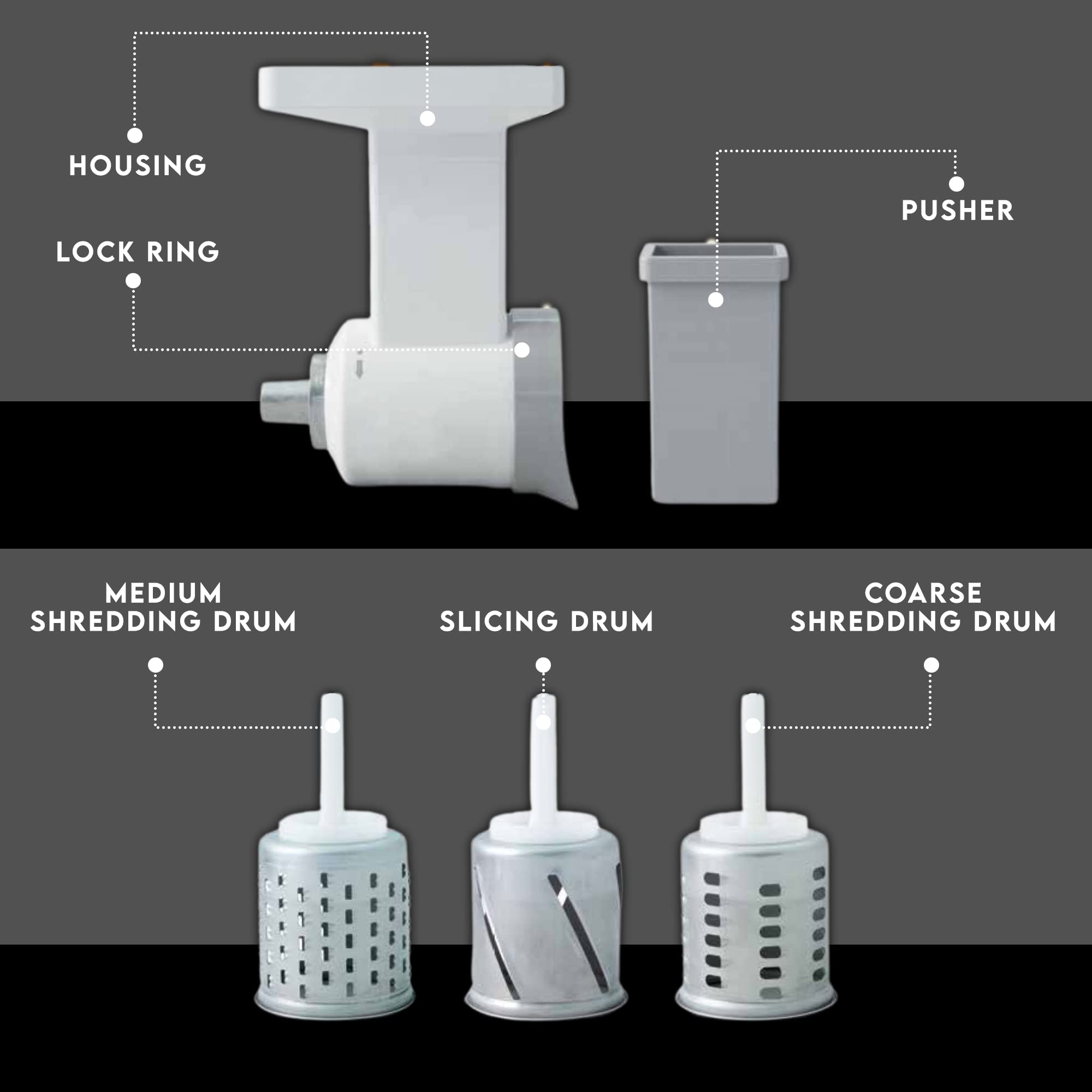 KitchenAid Slicer Shredder Attachment - 3 Stainless Steel Drums for Fruits, Vegetables & Cheese | All-in-1 Food Processor Accessory | Perfect for Meal Prep, Salads & Baking