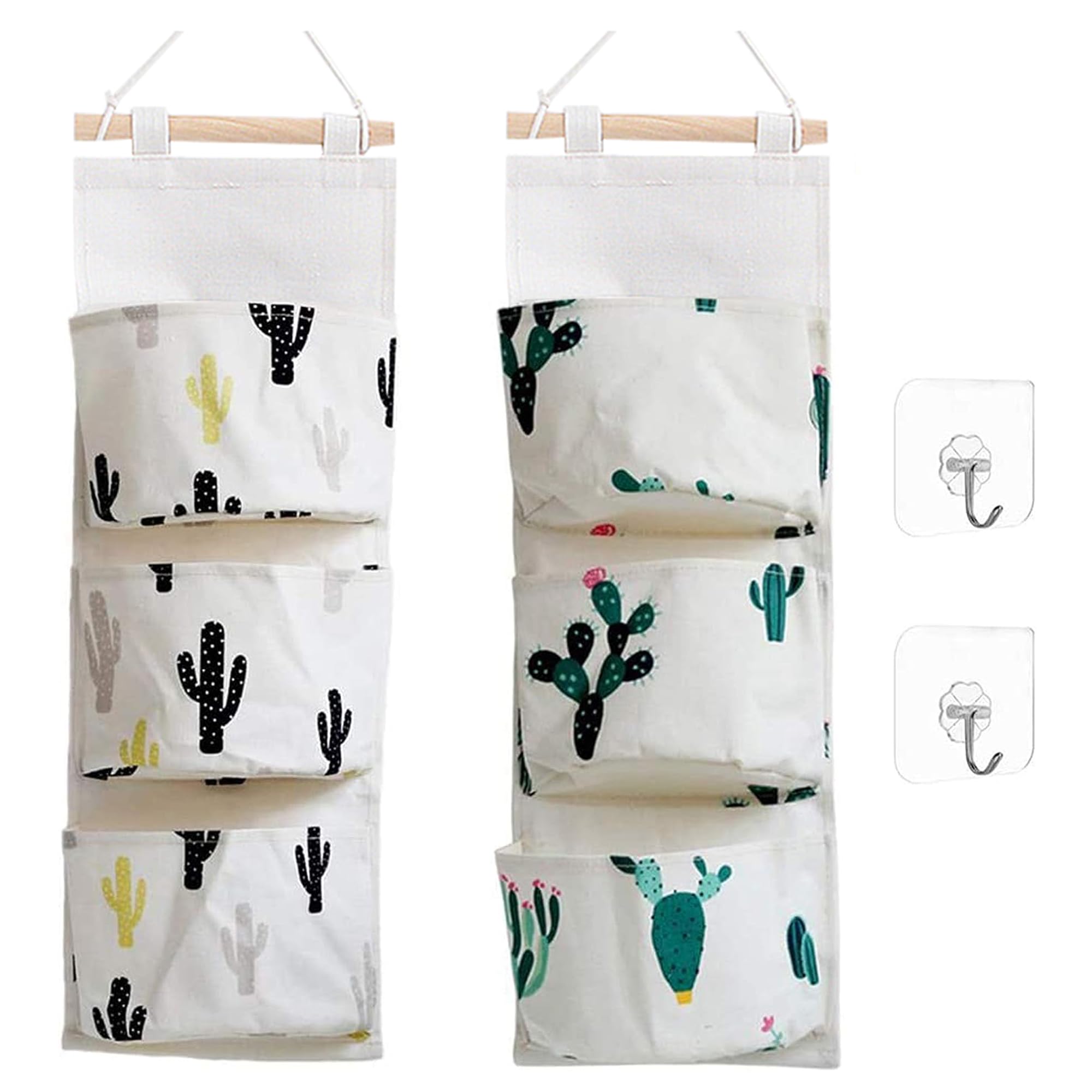KRLIFCSL Cactus Wall Door Closet Hanging Storage Bag - 3 Pocket Canvas Fabric Over The Door Organizer Pouch, 2 Pack (Cactus) - Perfect for Bedroom, Bathroom, Closet & Entryway Organization