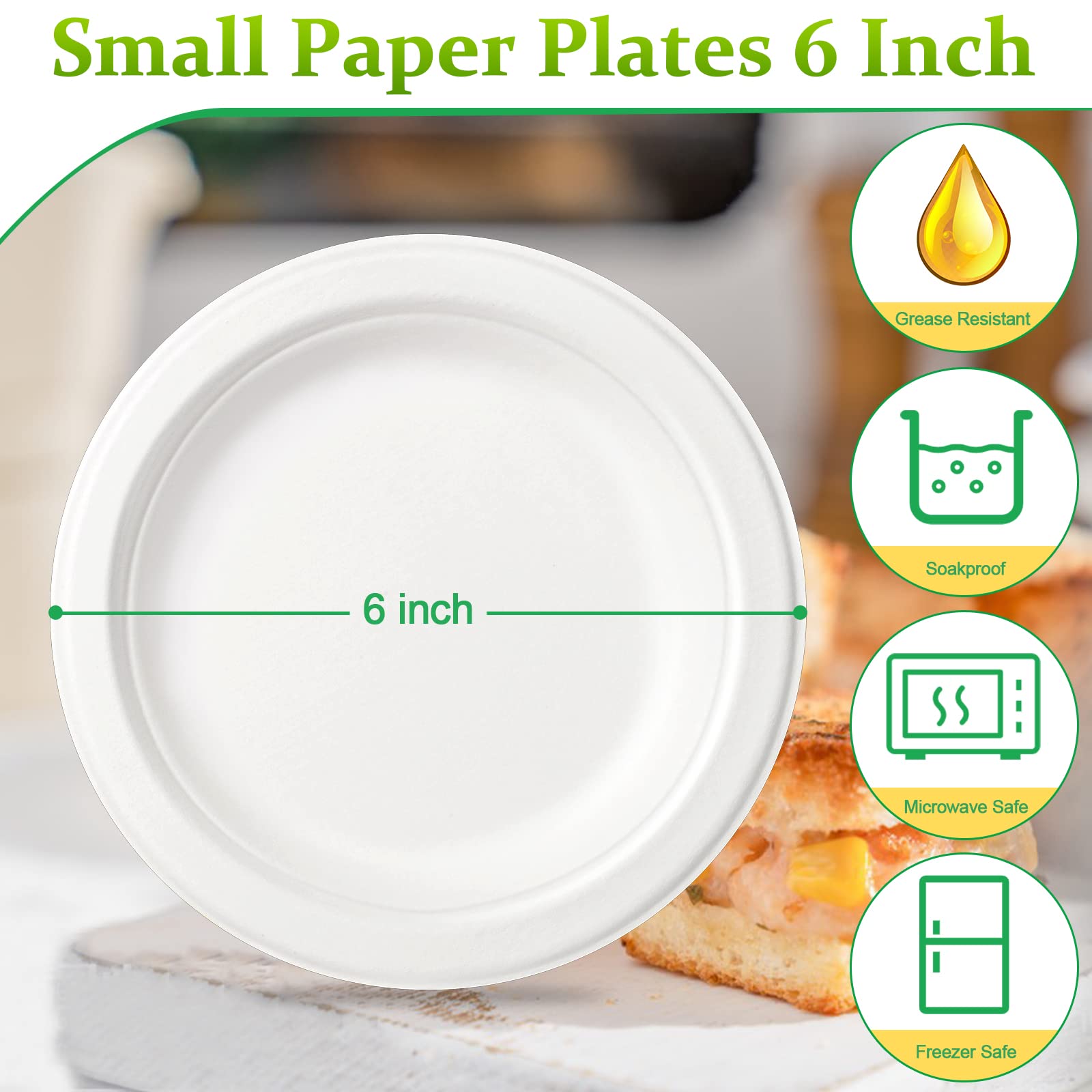 6 Inch Compostable Paper Plates (100 Pack) - Eco-Friendly Disposable Plates for Desserts, Cakes, Appetizers | Sturdy White Small Plates for Parties, Picnics, BBQs & Family Gatherings