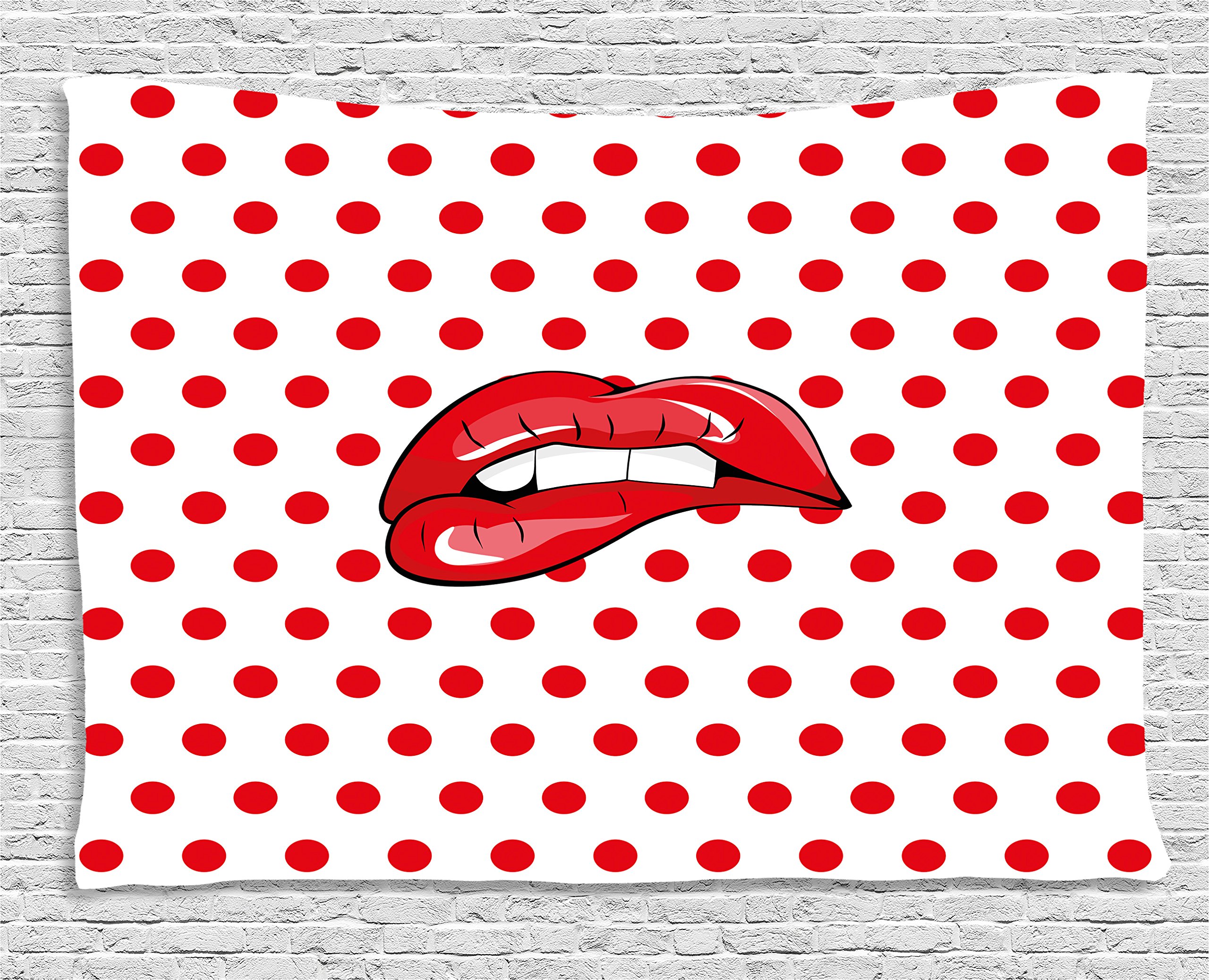 Lunarable Kiss Tapestry - Cartoon Style Woman Biting Red Lips on Polka Dot Background - 60x40 Inch Wall Art for Bedroom, Living Room, Dorm Decor - Perfect for Bohemian Home, Teen Girl Room & College Apartment Aesthetic