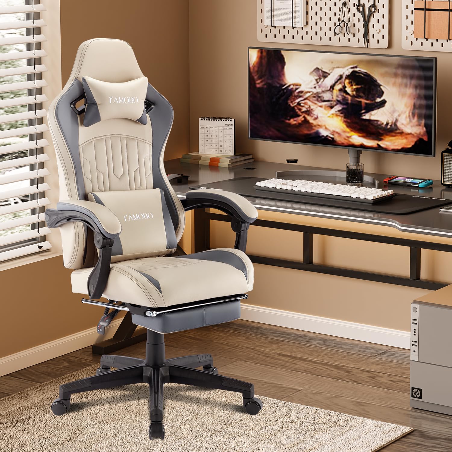 Premium Ergonomic Gaming Chair with Adjustable Footrest & Massage Lumbar Support - High Back PC Gamer Chair for Adults with Reclining Function & Linkage Armrests - Big and Tall Comfort for Long Gaming Sessions, Office Work & Home Entertainment - Beige