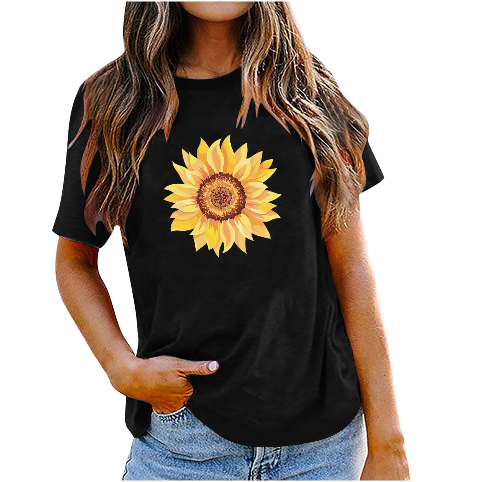Women's Sunflower Print Short Sleeve T-Shirt - Floral Summer Top, Casual Loose Fit Crew Neck Blouse | Perfect for Beach Outings, Picnics & Everyday Wear