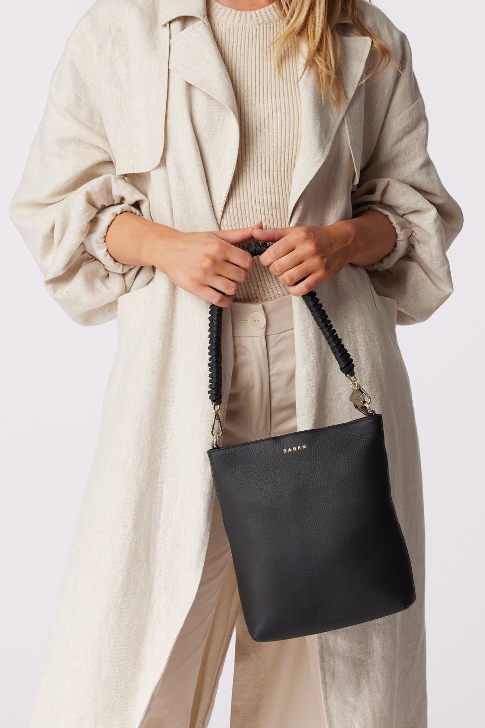 Claudette Black Leather Shoulder Bag with Knotted Handle - Stylish Women's Crossbody Purse for Work, Travel & Everyday Use