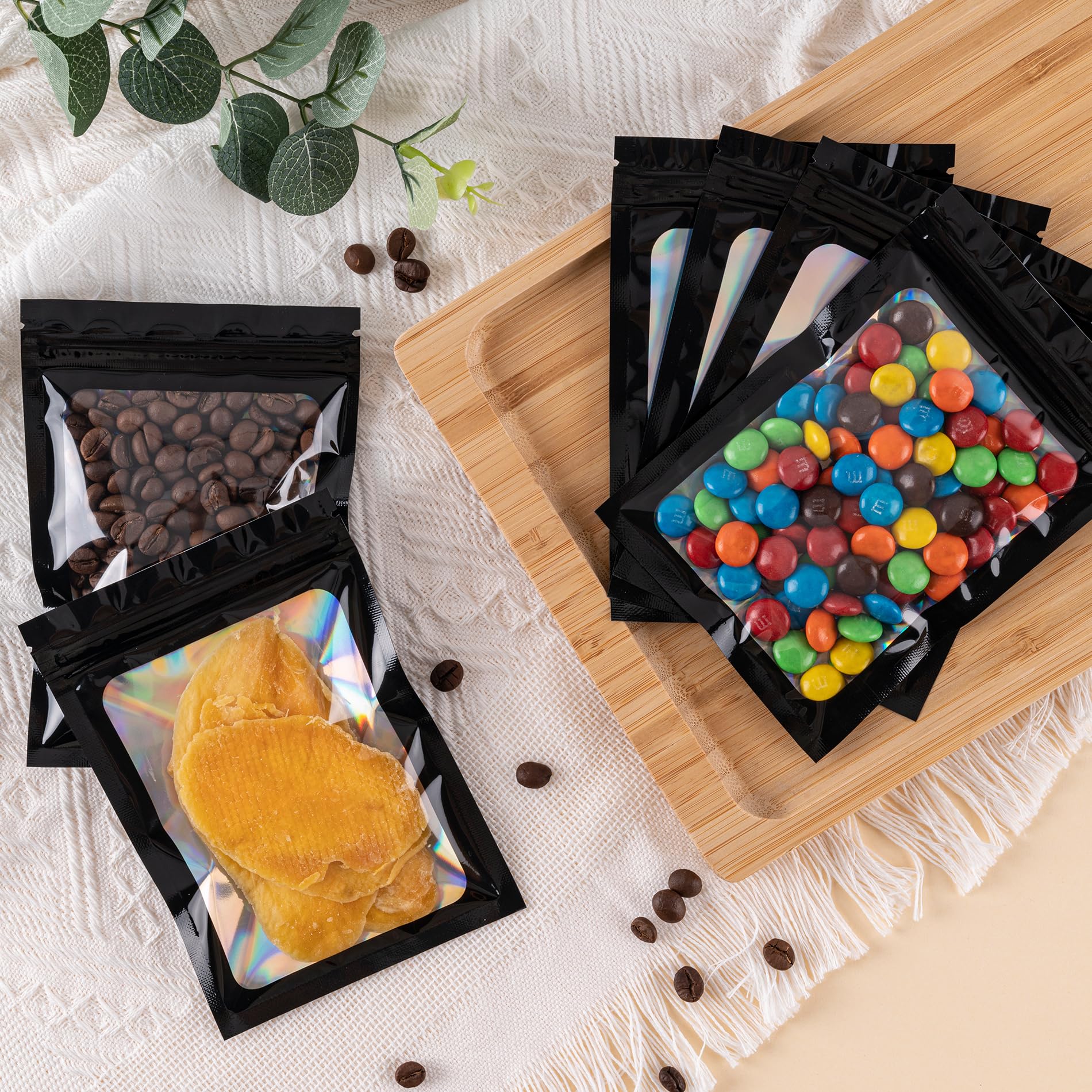 100Pcs Holographic Resealable Storage Bags - 4x6 Inch Smell Proof Food Grade Bags for Candy, Jewelry & Snacks | Airtight Packaging for Home, Travel & Party Use (Holographic Black)