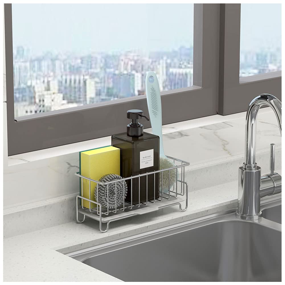 304 Stainless Steel Kitchen Sink Caddy Organizer with Drain Pan - Sponge & Soap Holder for Kitchen & Bathroom | Perfect for Organizing Cleaning Supplies by Sink (Silver)