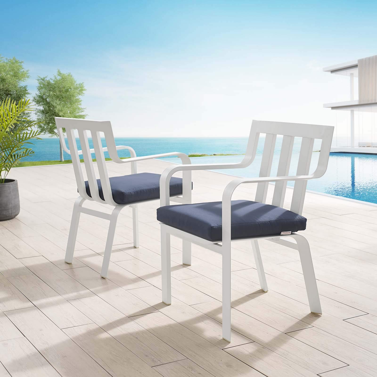 Modway EEI-3961-WHI-NAV Baxley Lounge & Deep Seating Dining Chairs Set of 2, White & Navy Blue Upholstered - Perfect for Living Room, Dining Room, or Outdoor Patio Furniture