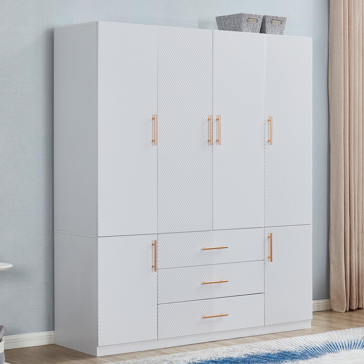 4-Door White Wood Armoire Wardrobe Closet with 3 Drawers - Spacious Storage Cabinet with Hanging Rod (63