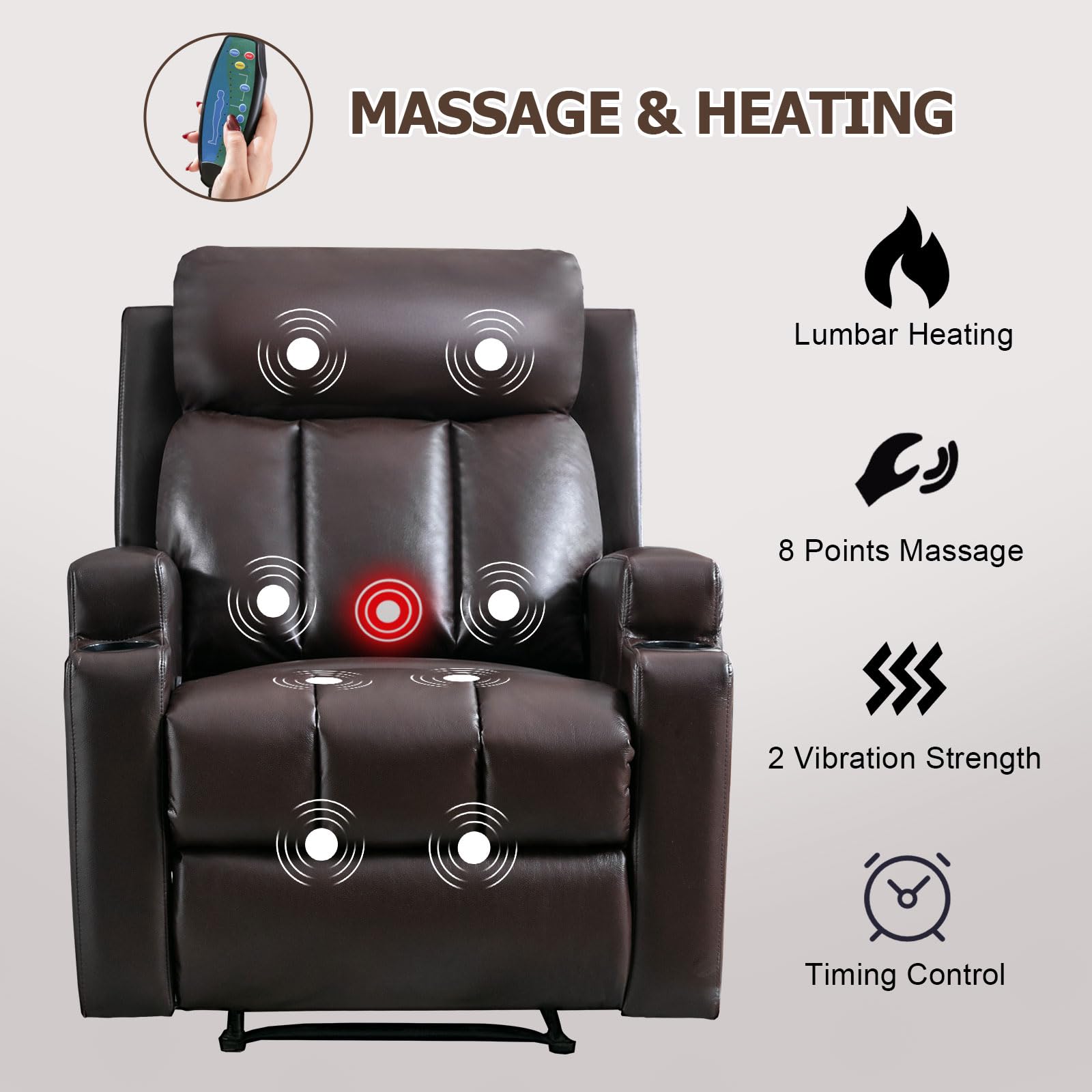 Phoenix Home Manual Recliner Chair with Massage & Heat - Ergonomic Overstuffed Fabric Recliner with Side Pockets, Cup Holders & Remote Control - Perfect for Living Room & Bedroom Relaxation (Brown)