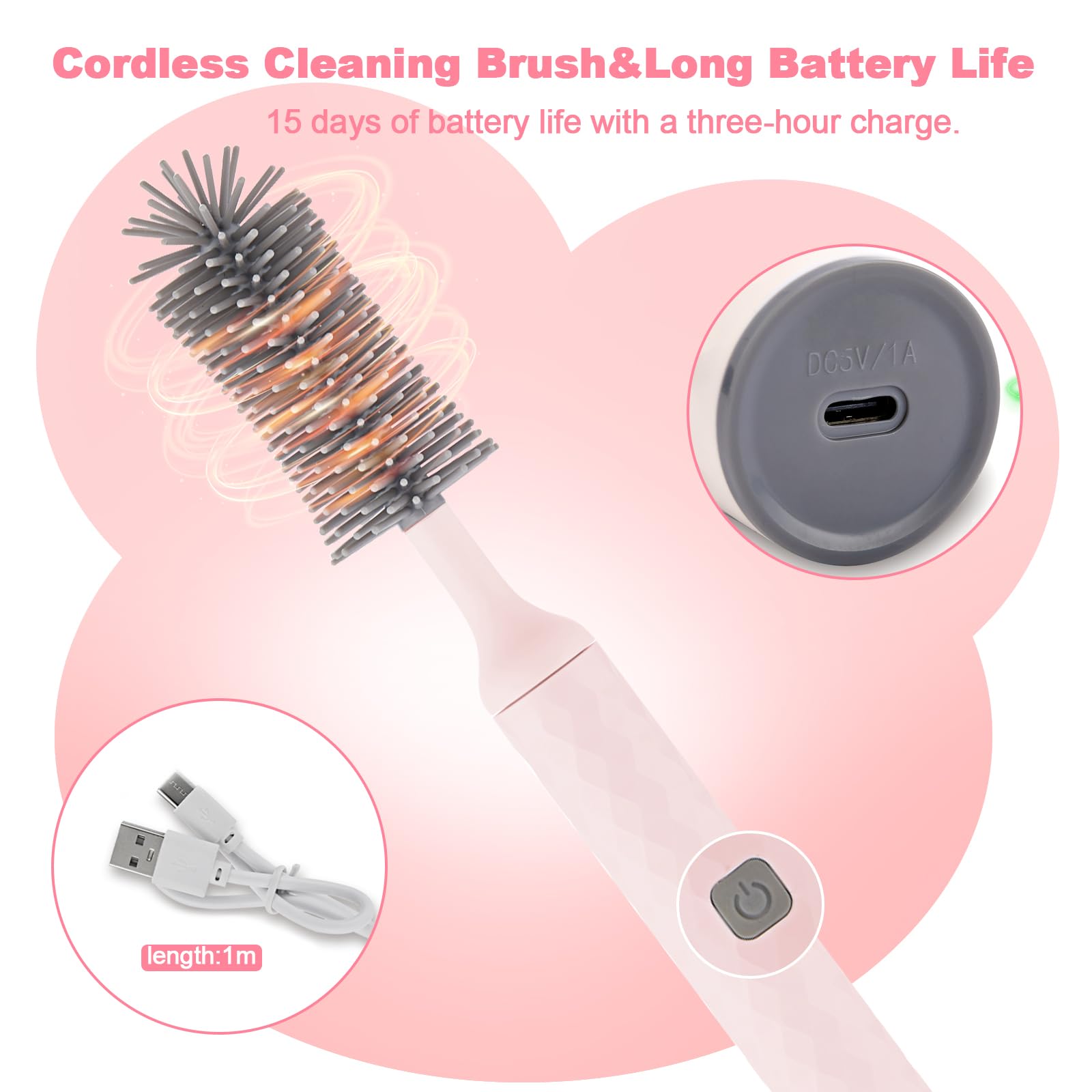 Rechargeable Electric Baby Bottle Cleaner Kit - 3-Piece Silicone Bottle Brush & Straw Brush Set | Automatic Bottle Washer for Infant Feeding Accessories | Perfect for Nursery, Travel & Daily Cleaning (Pink)