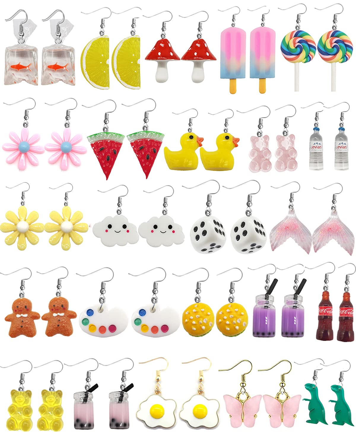 WAINIS 24 Pairs Cute Funny Earrings Set - Goldfish, Water Bottle & Milk Tea Dangle Earrings for Women & Girls | Trendy Unique Jewelry for Parties, Gifts & Daily Wear