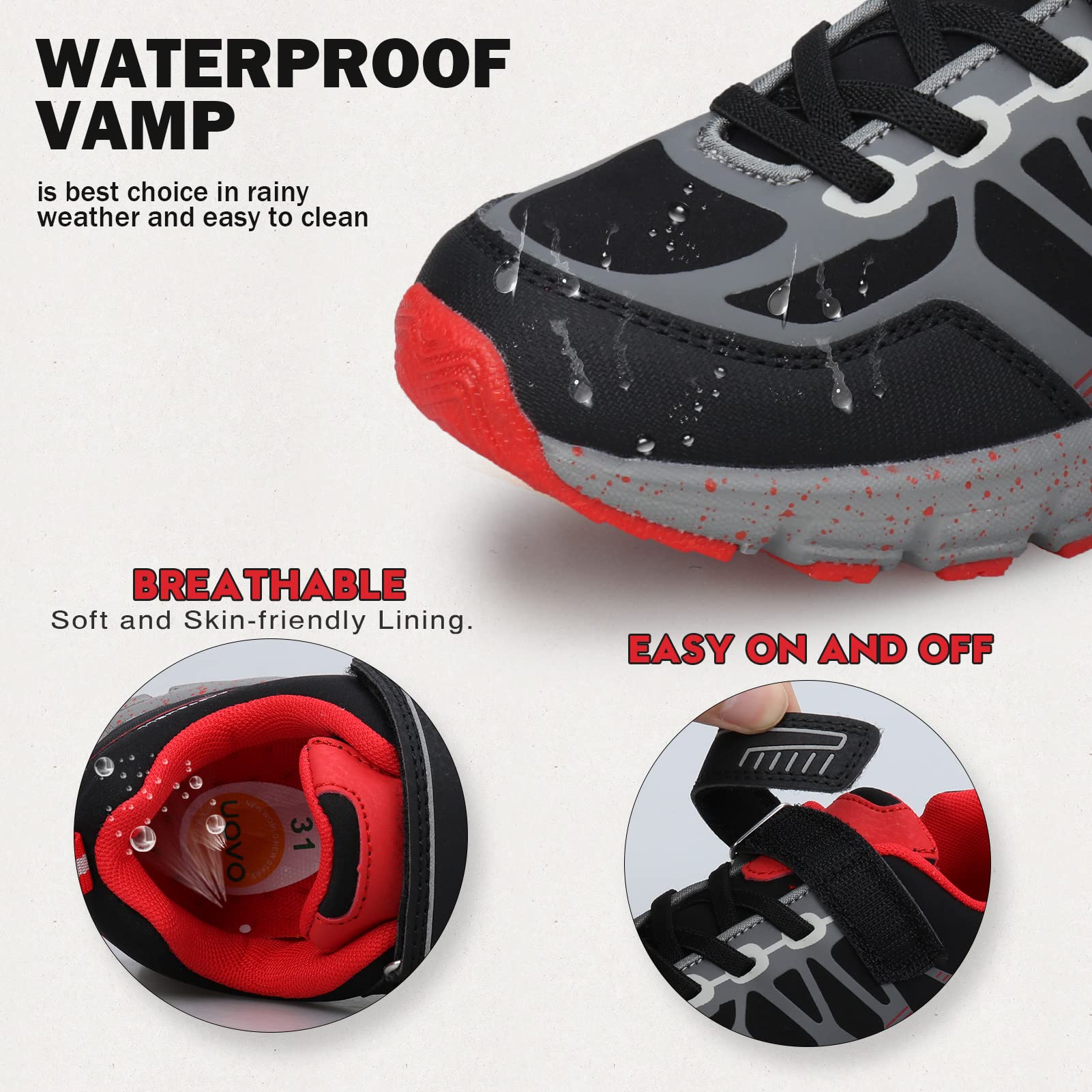 **UOVO Boys' Sneakers - Waterproof Hiking & Running Shoes for Kids - Non-Slip Athletic Outdoor Shoes for Little & Big Boys - Perfect for School, Sports & Play**