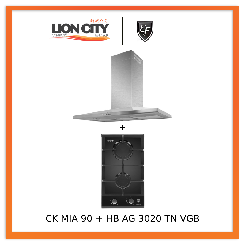 EF CK Mia 90 90cm Stainless Steel Chimney Hood with EF HB AG 3020 TN VGB Built-in Hob - Modern Kitchen Ventilation & Cooking Solution for Home Chefs