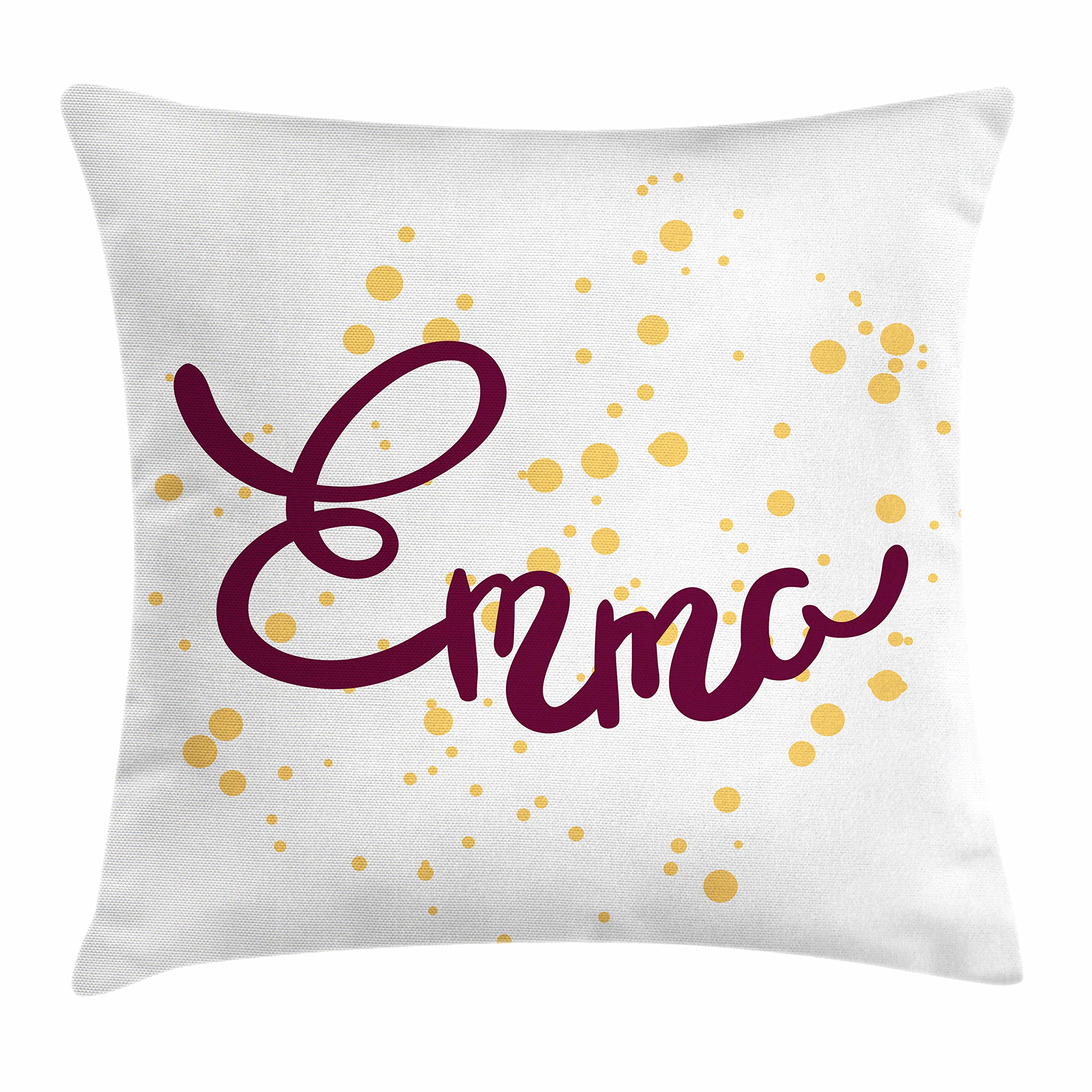 Ambesonne Emma Decorative Throw Pillow Cover 24x24 Inches - Handwritten Letter Design with Swirls on Plain Background, Mustard & Purple Square Cushion Case - Perfect for Living Room, Bedroom & Home Decor