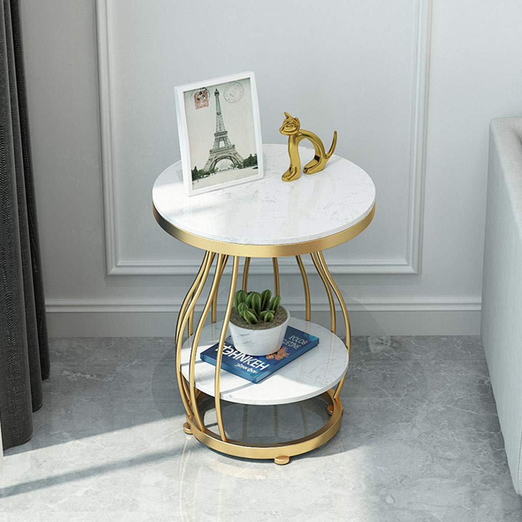 White Marble Coffee Table with Storage Shelf - 2-Tier Modern Side Table for Living Room, Bedroom, Office & Balcony - Elegant Console & End Table with Storage Space for Home Decor & Organization