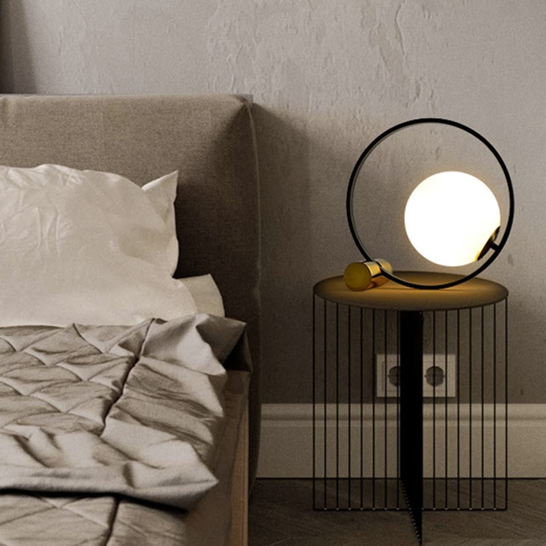 Gold Mid Century Modern Glass Table Lamp - Handblown Glass Orb Shade, Plug-in Nightstand & Desk Lamp for Bedroom, Office, Library - Perfect for Reading, Working & Home Decor