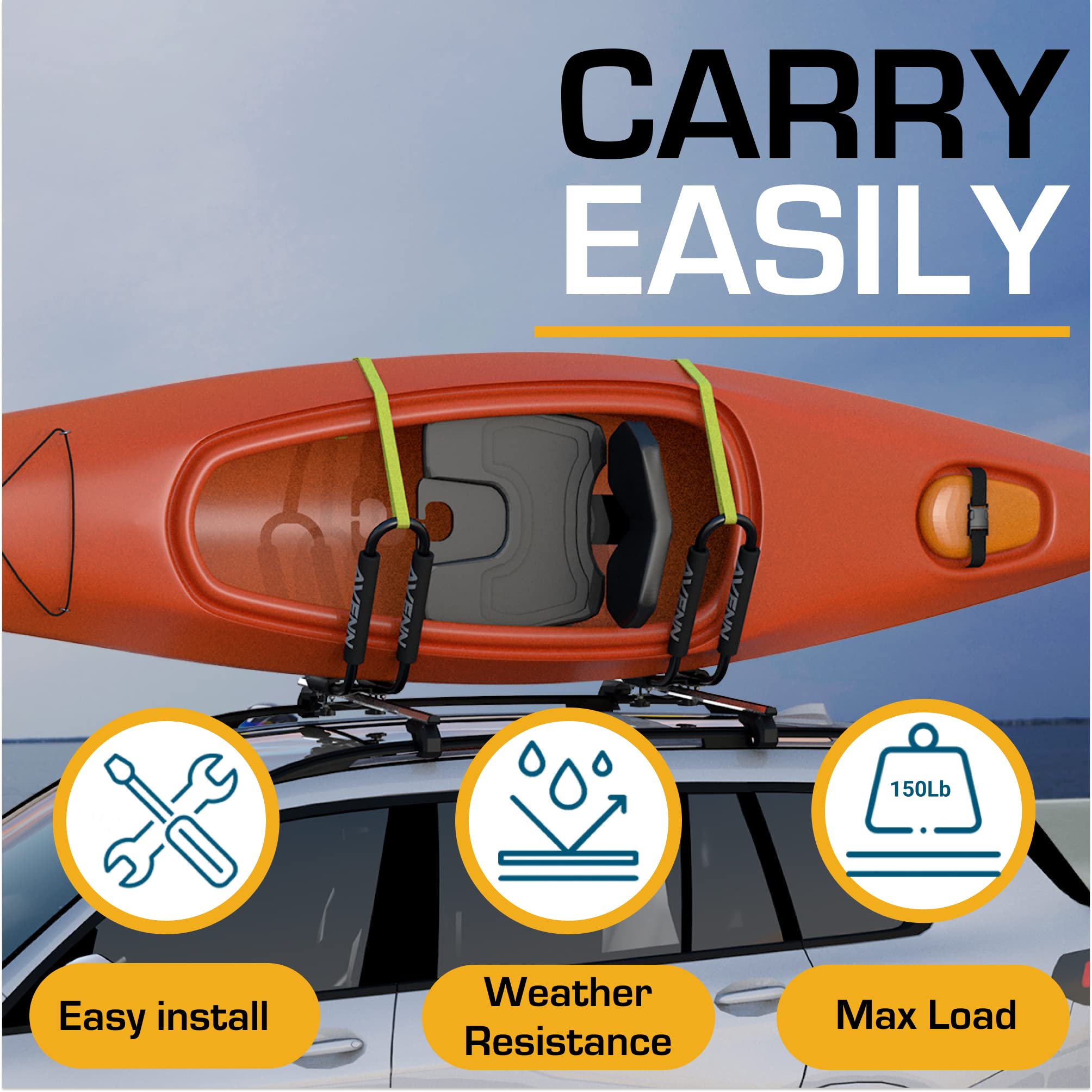 **AVENN Heavy Duty J-Bar Kayak Rack for Canoe, Paddleboard, Surfboard & Skis - Universal Roof Mount Carrier for Car, Truck, SUV - Perfect for Camping, Beach Trips & Outdoor Adventures**