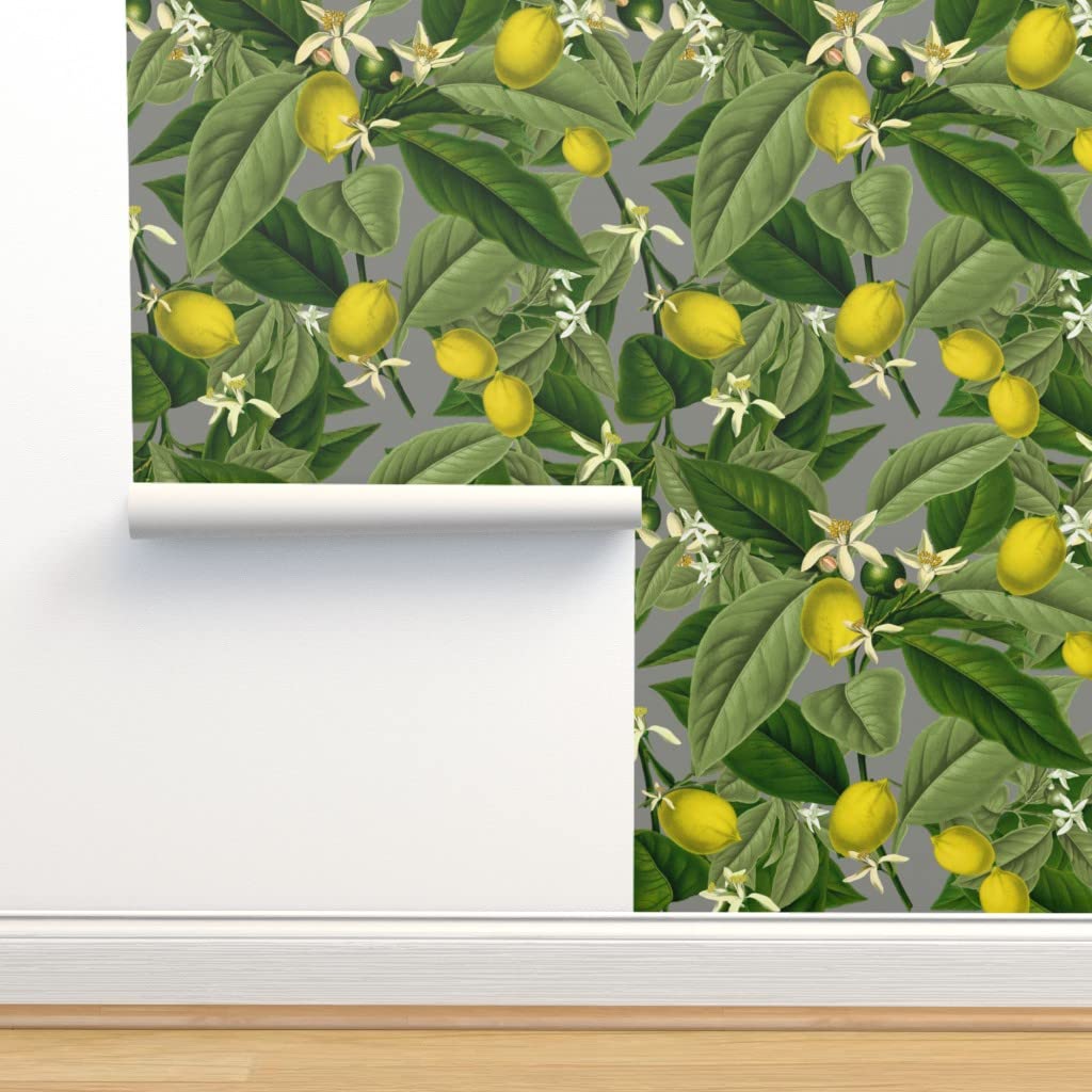 Premium Commercial Grade Wallpaper 27ft x 2ft - Lemon Botanical Gray Leaves Tropical Modern Citrus Fruit Design for Living Room, Bedroom & Office Decoration | Waterproof & Peel-and-Stick | Spoonflower