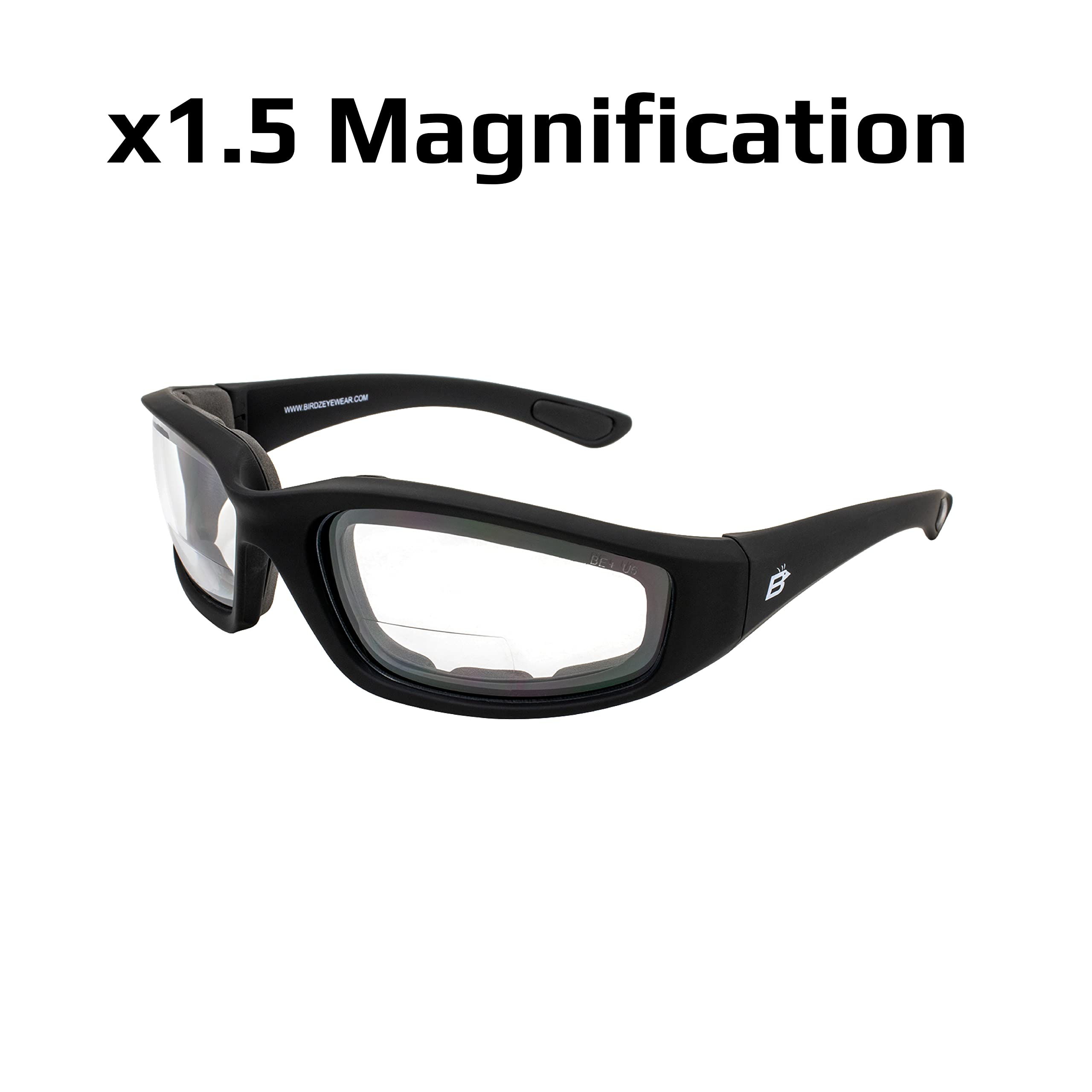 Birdz Eyewear Oriole Padded Safety Bifocal Motorcycle Glasses - Black Frame with Clear 1.5 Magnification Lenses & Carry Bag - Perfect for Riding, Cycling, and Outdoor Activities